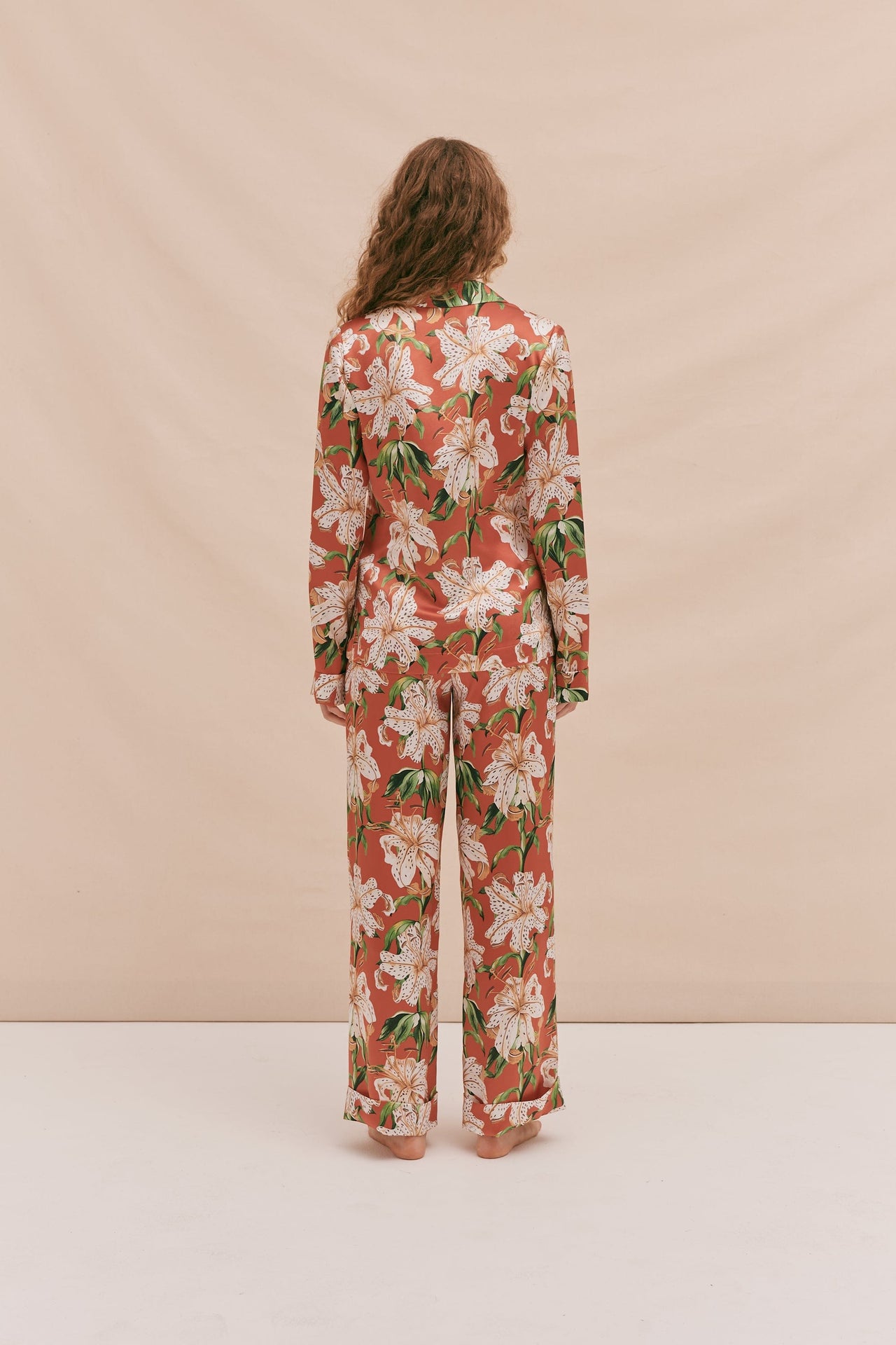 Silk Long Pyjama Set Lilium Print Red