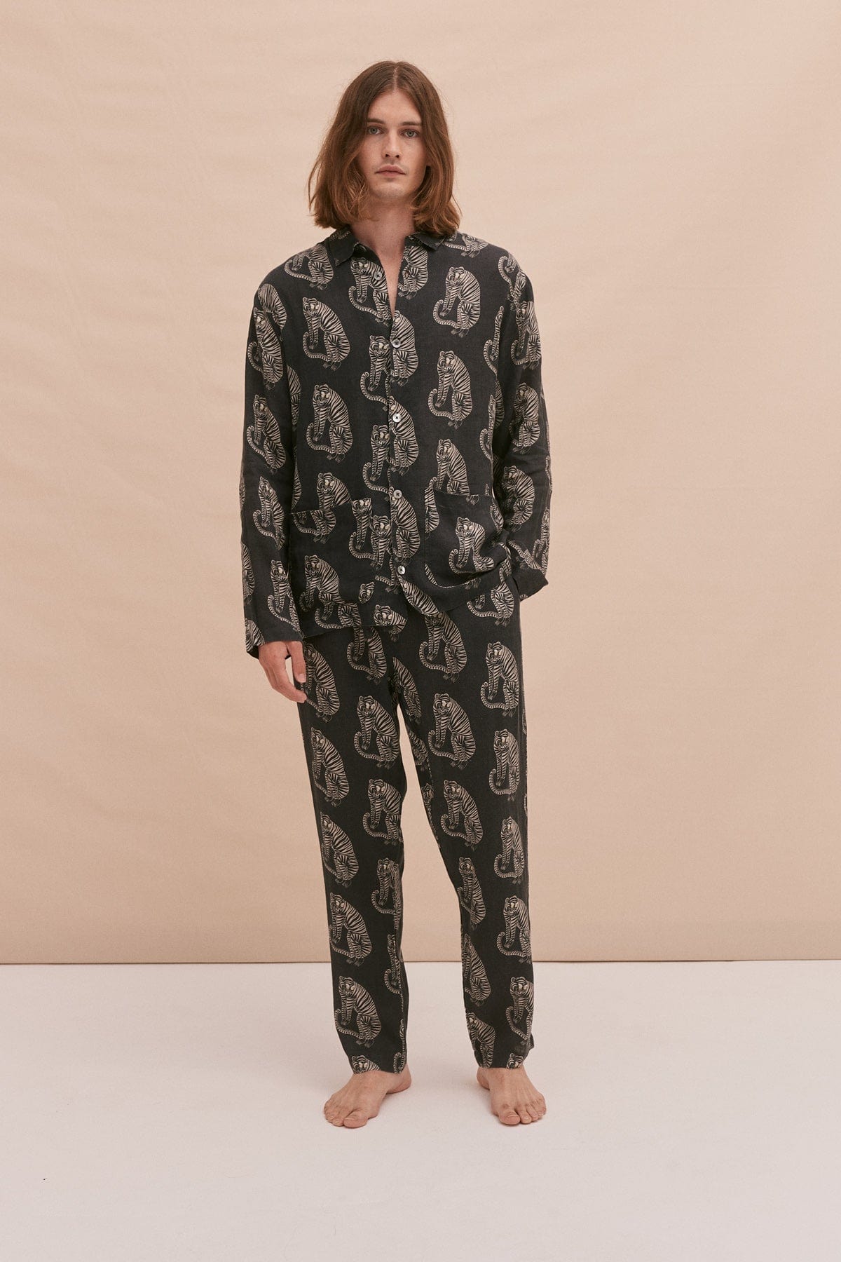 Men’s Pocket Pyjama Set Sansindo Tiger Print Black/Cream Linen