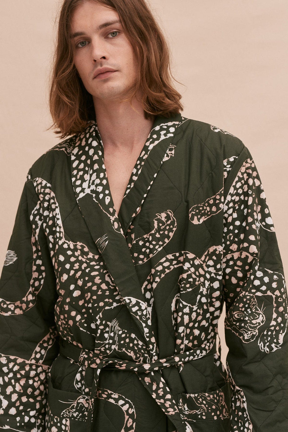 Men’s Quilted Robe Jag Print Green – Desmond & Dempsey