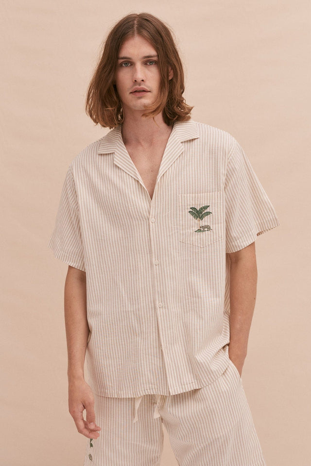 Men’s Cuban Pyjama Shirt Oxford Stripe Ochre