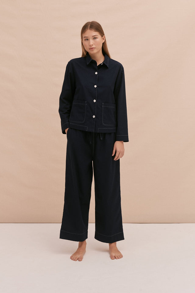 Pocket Pyjama Set Brushed Cotton Navy Contrast Stitching