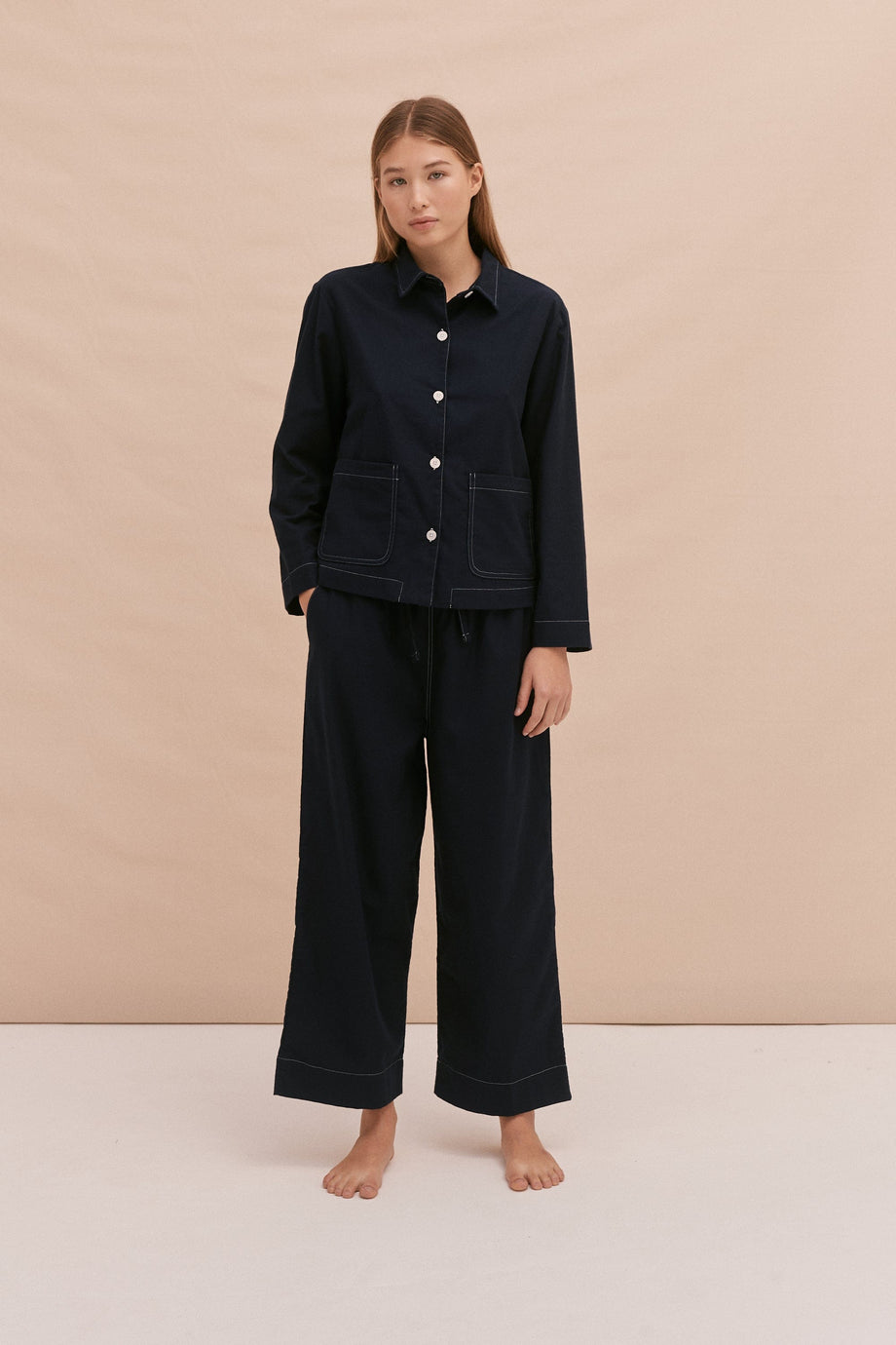 Pocket Pyjama Set Brushed Cotton Navy Contrast Stitching – Desmond & Dempsey