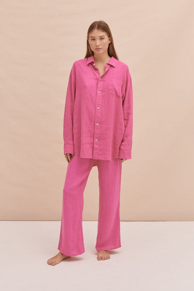 Luxurious Pink Linen Pajama Set with Piping - Long Sleeve Robe and Pan –  Beanchy