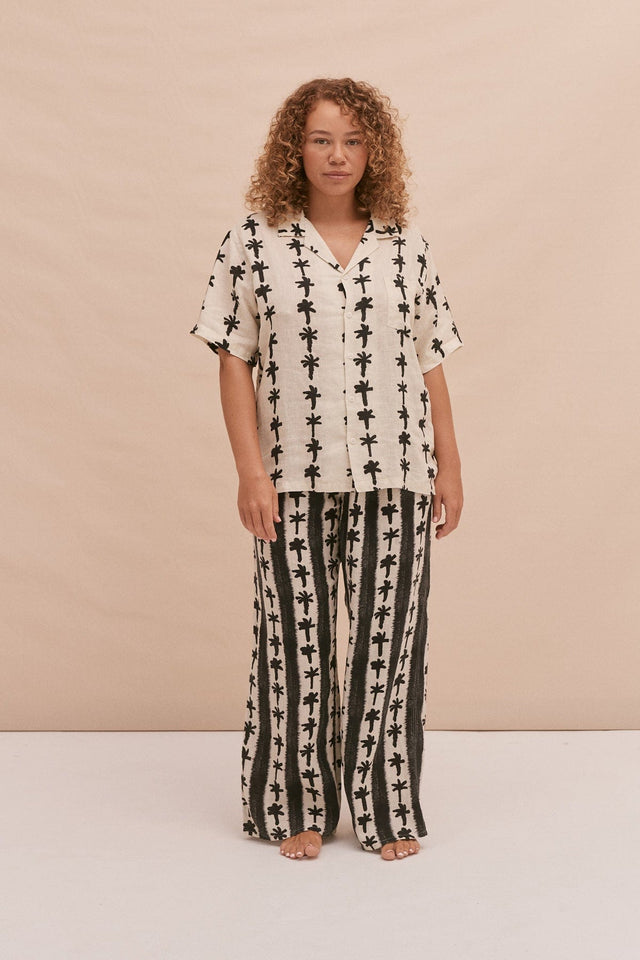 Cuban Long Pyjama Set Palm Stripe Print Cream/Black Linen