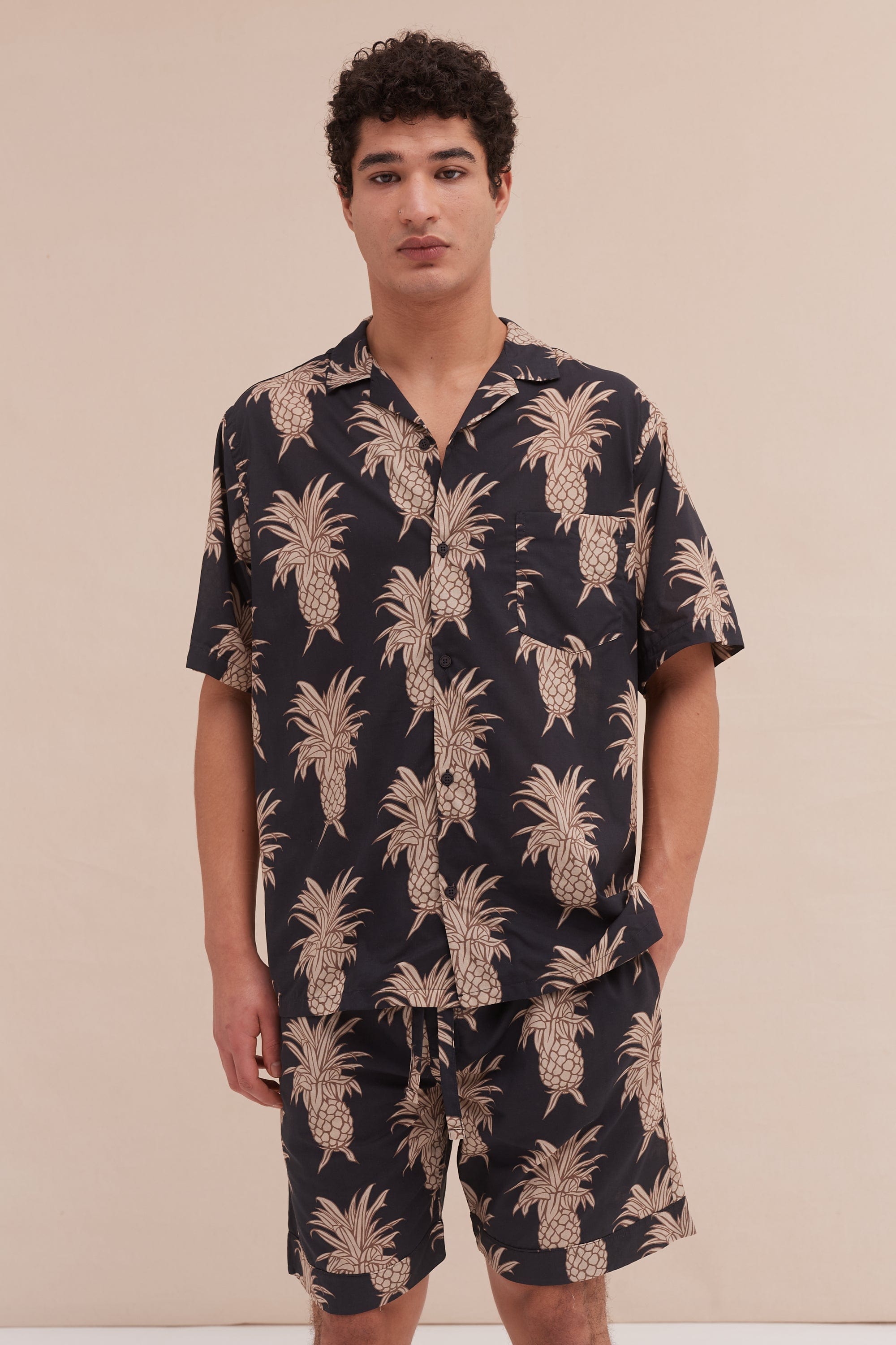 Cuban Pyjama Shirt Howie Pineapple Print Black Gold