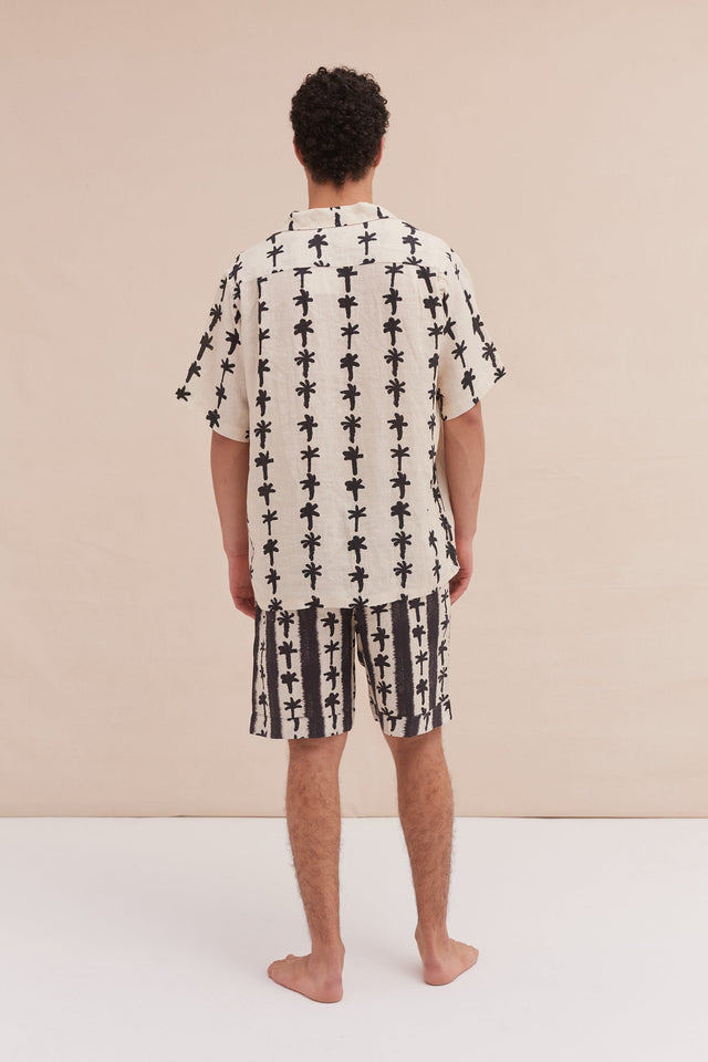 Men’s Cuban Pyjama Set Palm Stripe Print Cream/Black Linen