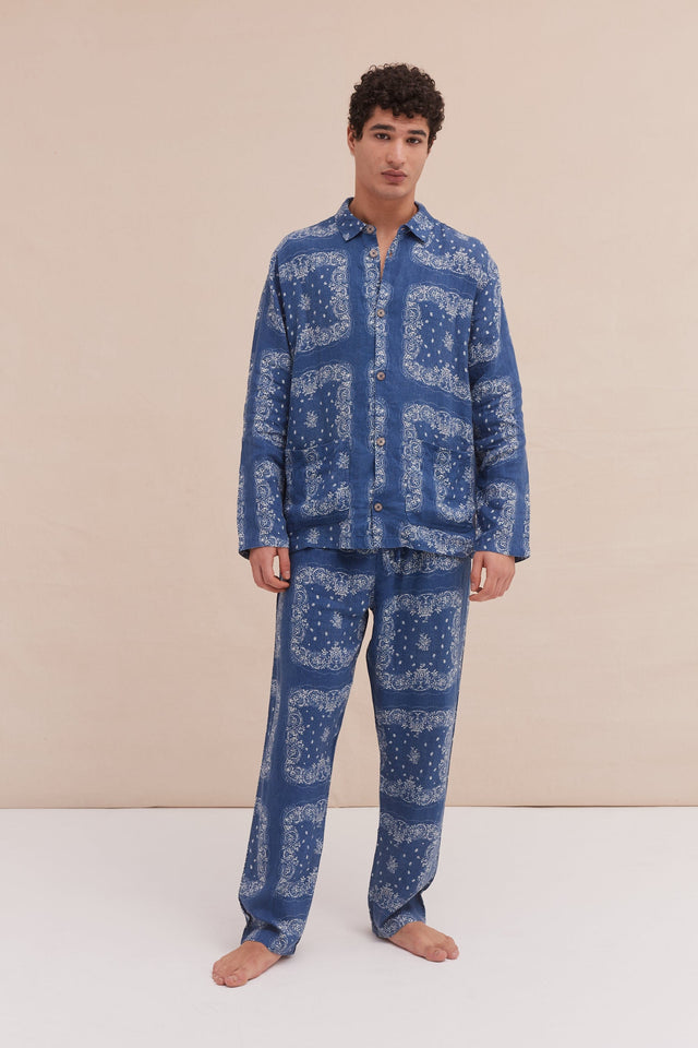 Men’s Pocket Pyjama Set Bandana Print Navy/Cream Linen