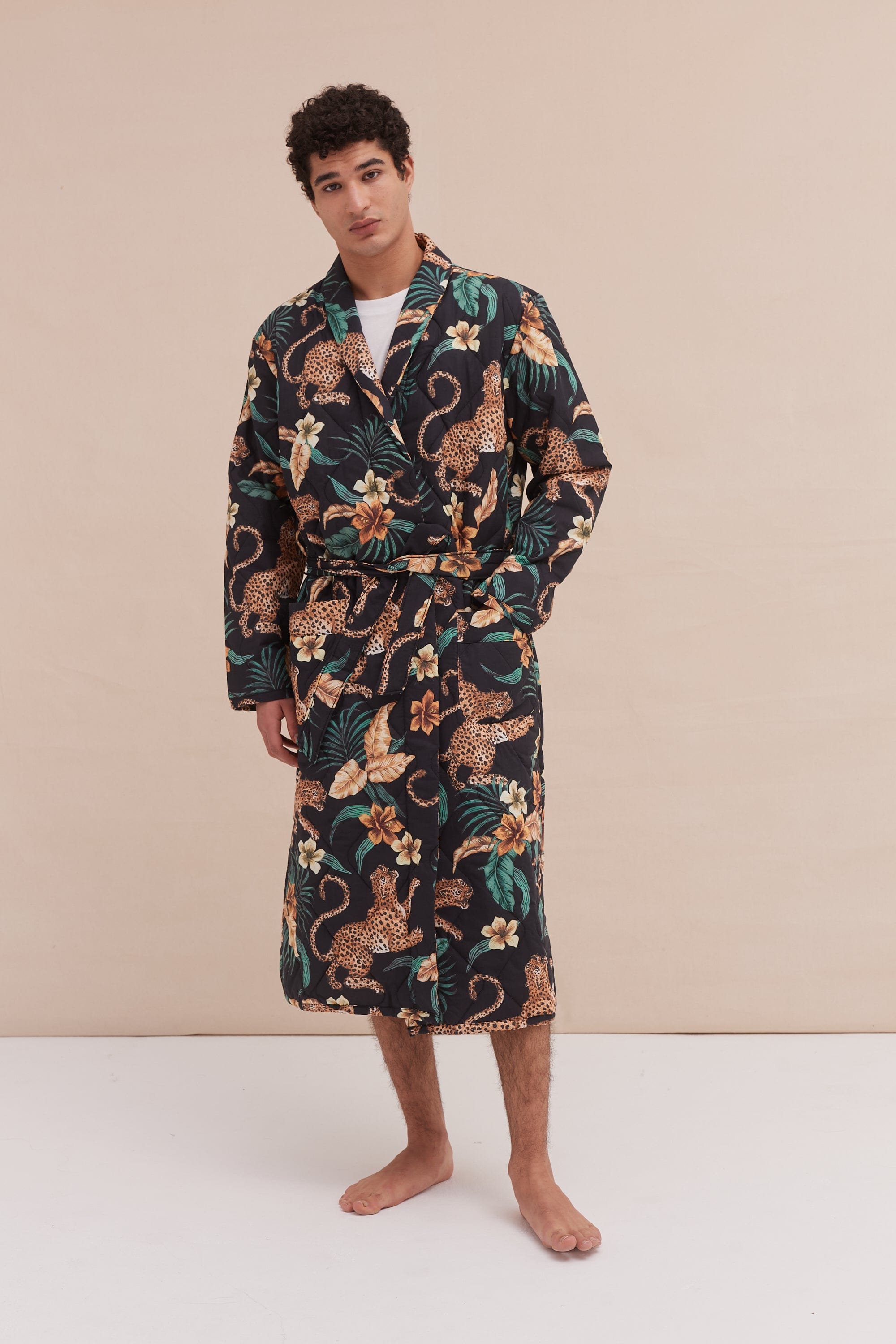 Quilted Robe Soleia Leopard Print Black Yellow