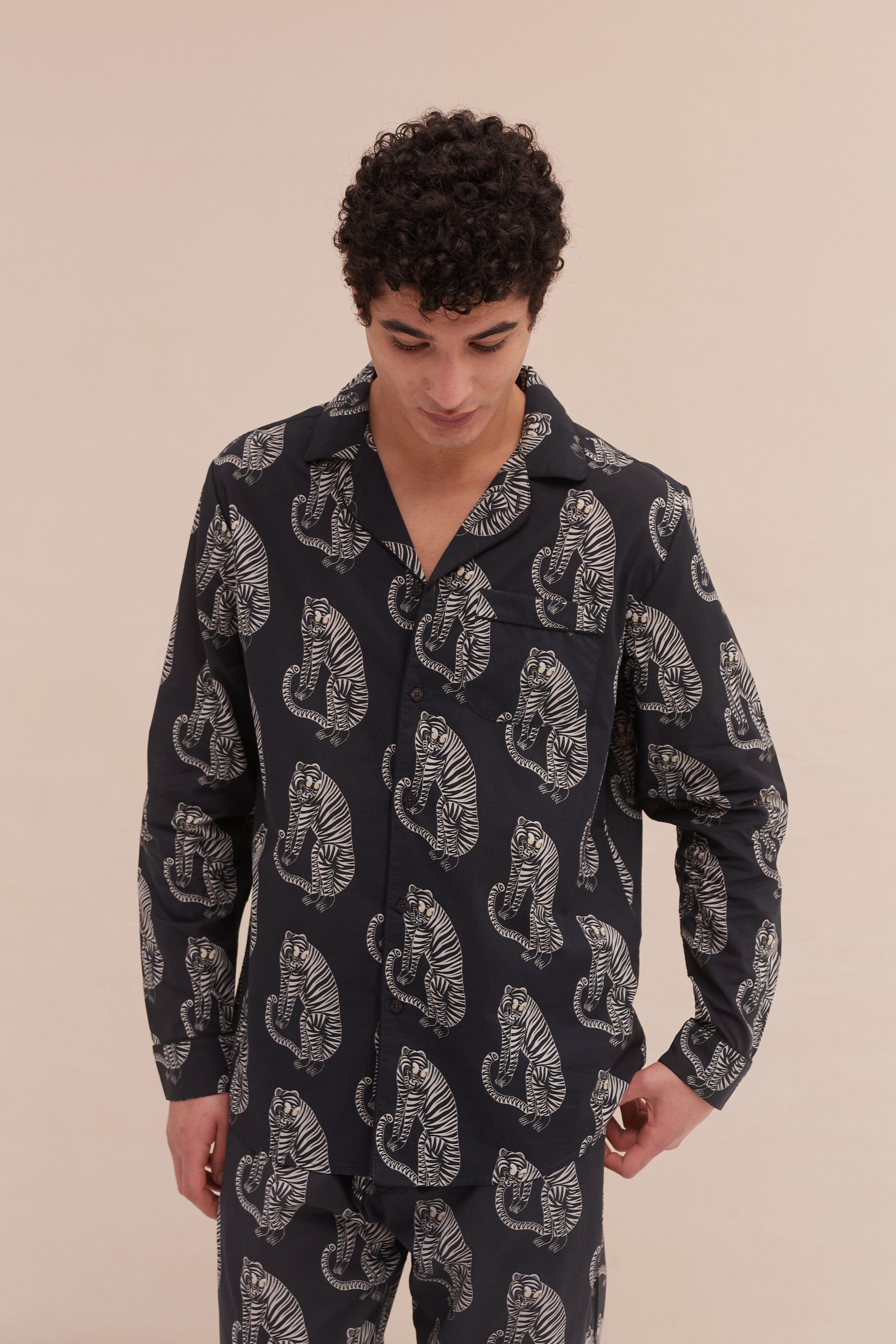 Men s Long Pyjama Set Sansindo Tiger Print Black Cream Desmond