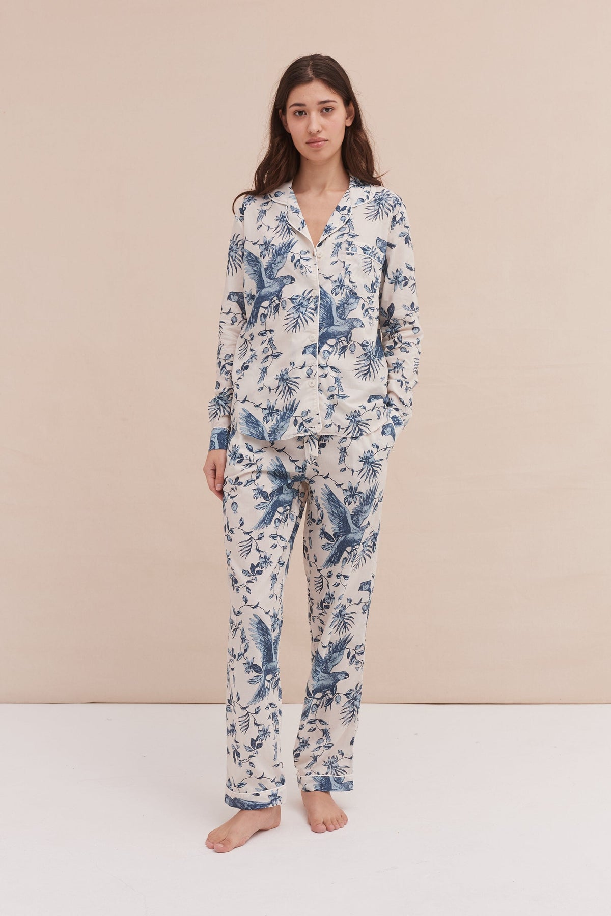 Long Pyjama Set Bromley Parrot Print Cream Blue