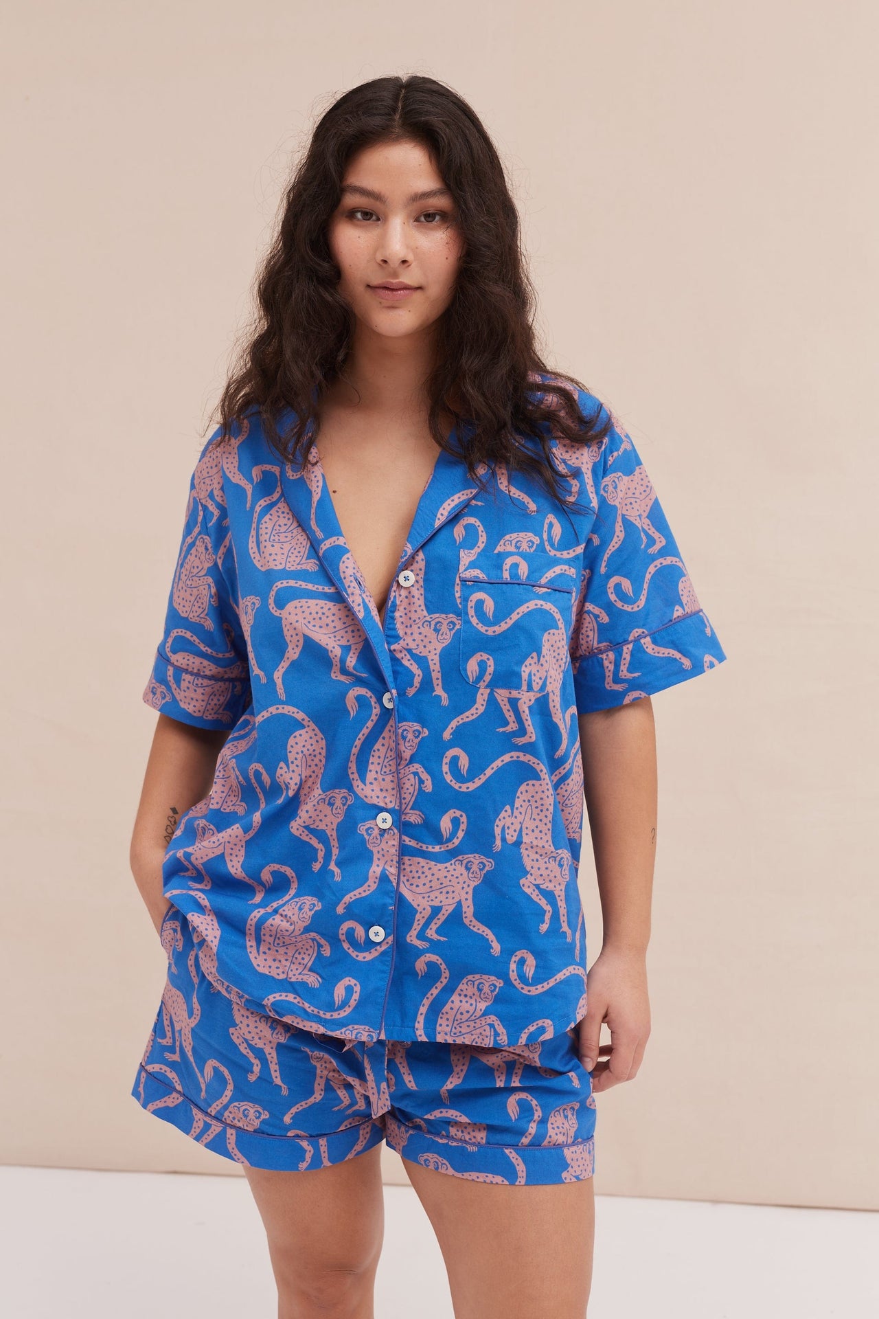 Short Pyjama Set Chango Print Blue/Pink