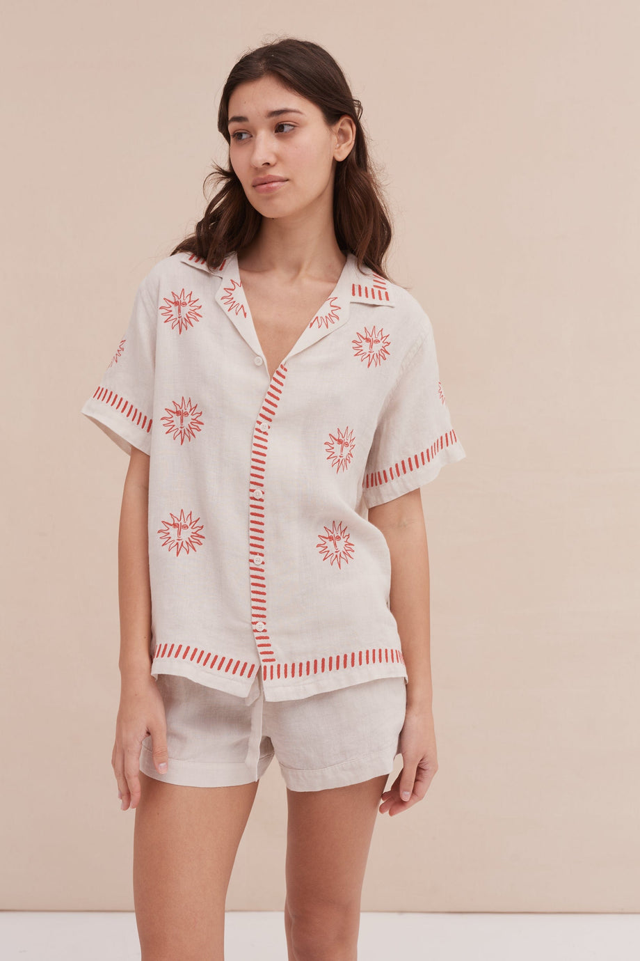 Cuban Pyjama Set Helios Oat Embroidery Linen