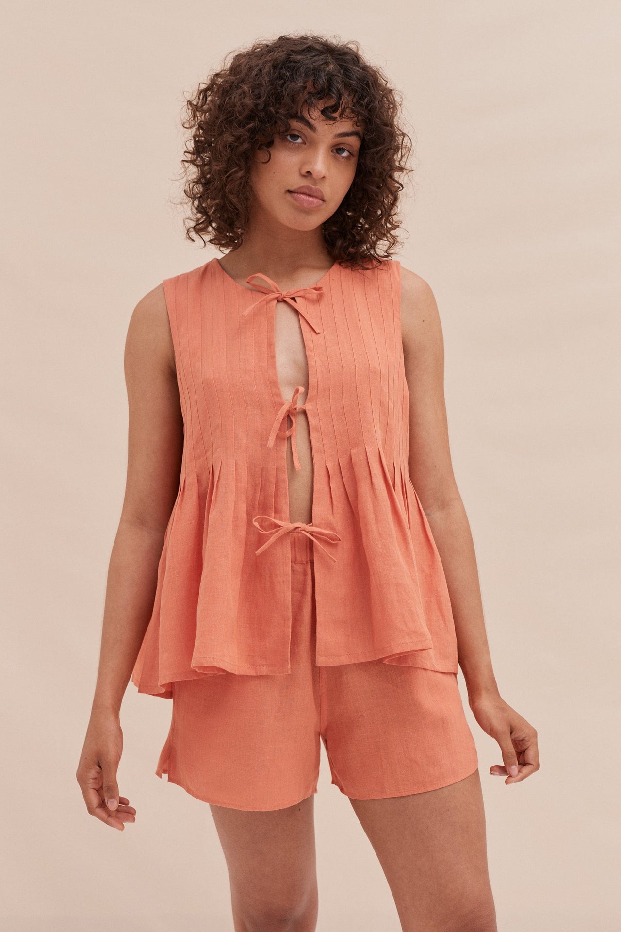 Pleated Cami Top and Shorts Set Coral Linen