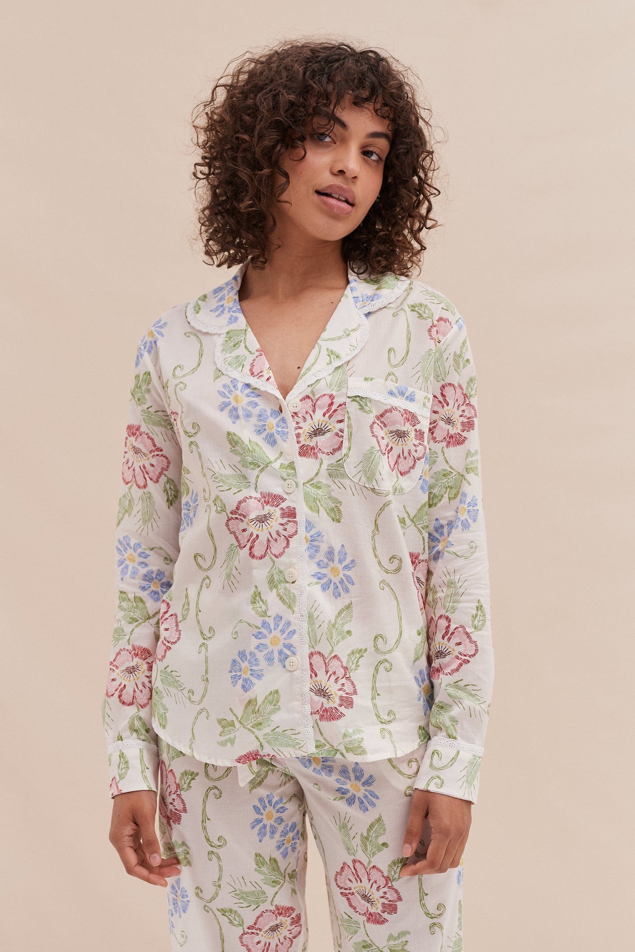 Long Pyjama Set Dorothea Print Cream with Trims