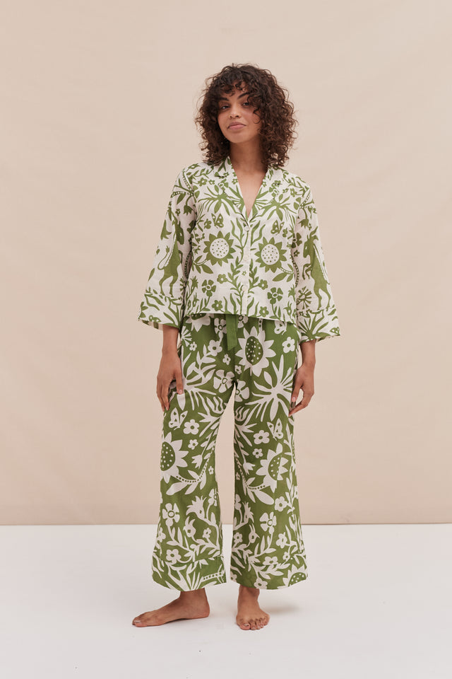 Boxy Shirt and Wide Leg Trouser Set Fabelei Print Green and Cream