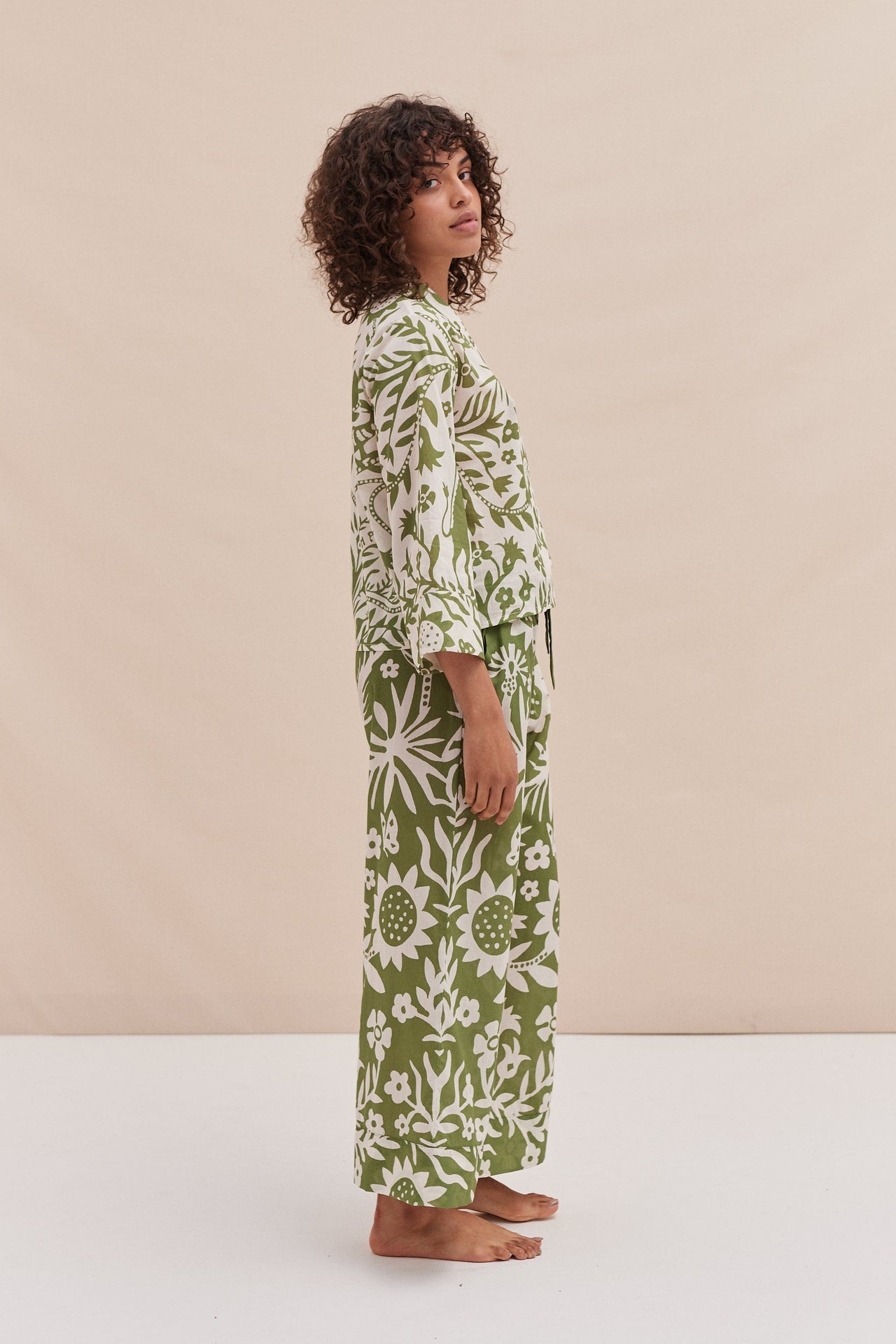 Boxy Shirt and Wide Leg Trouser Set Fabelei Print Green and Cream