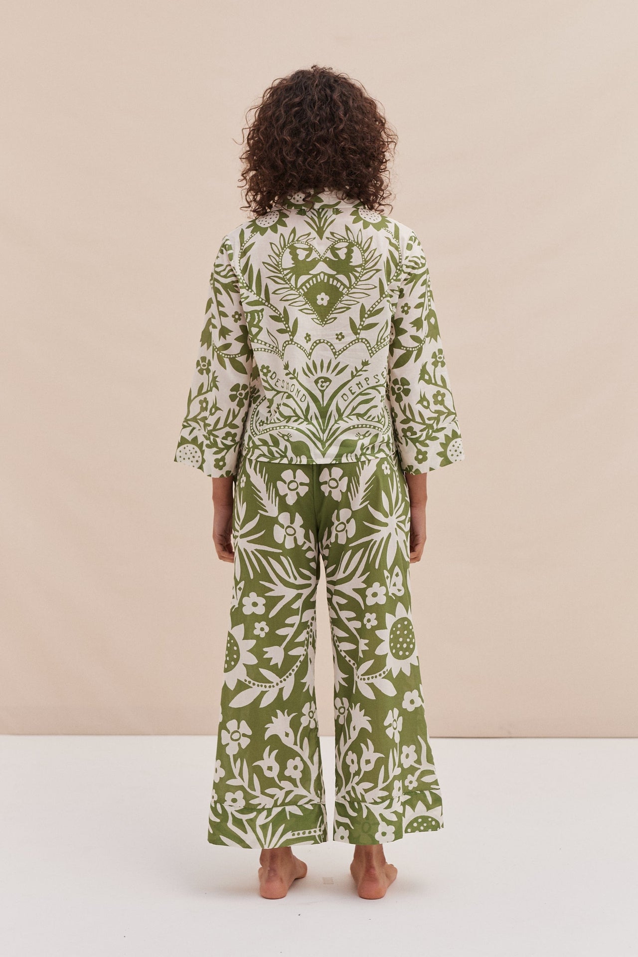 Boxy Shirt and Wide Leg Trouser Set Fabelei Print Green and Cream