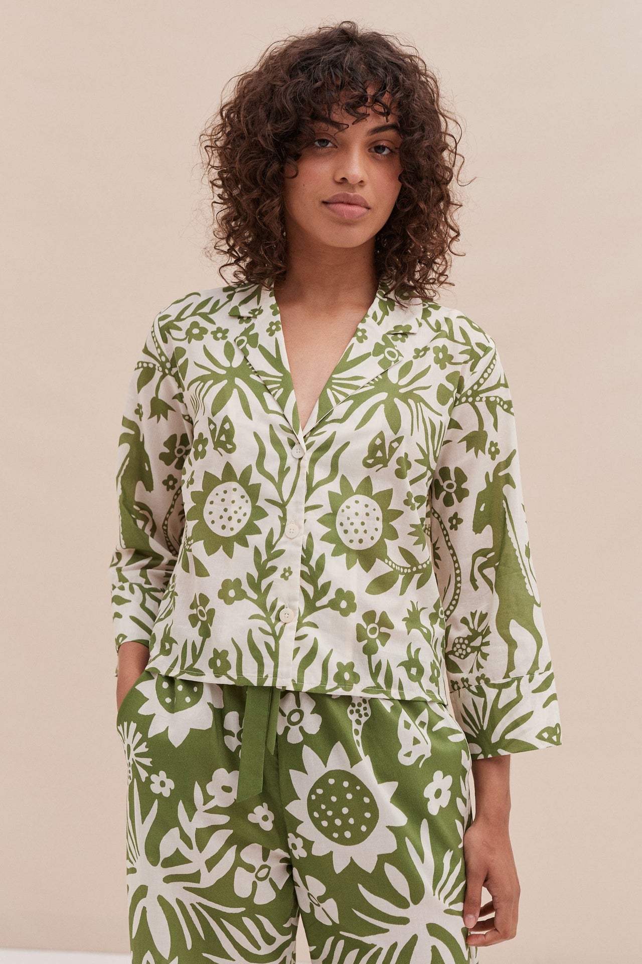 Boxy Shirt and Wide Leg Trouser Set Fabelei Print Green and Cream