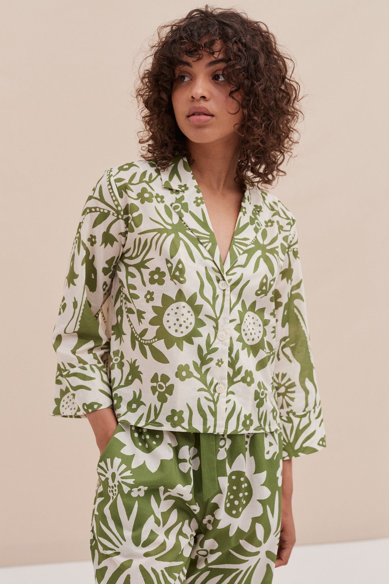 Boxy Shirt and Wide Leg Trouser Set Fabelei Print Green and Cream