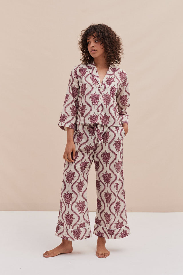 Boxy Shirt and Wide Leg Trouser Set Alpen Flora Print Cream and Pink