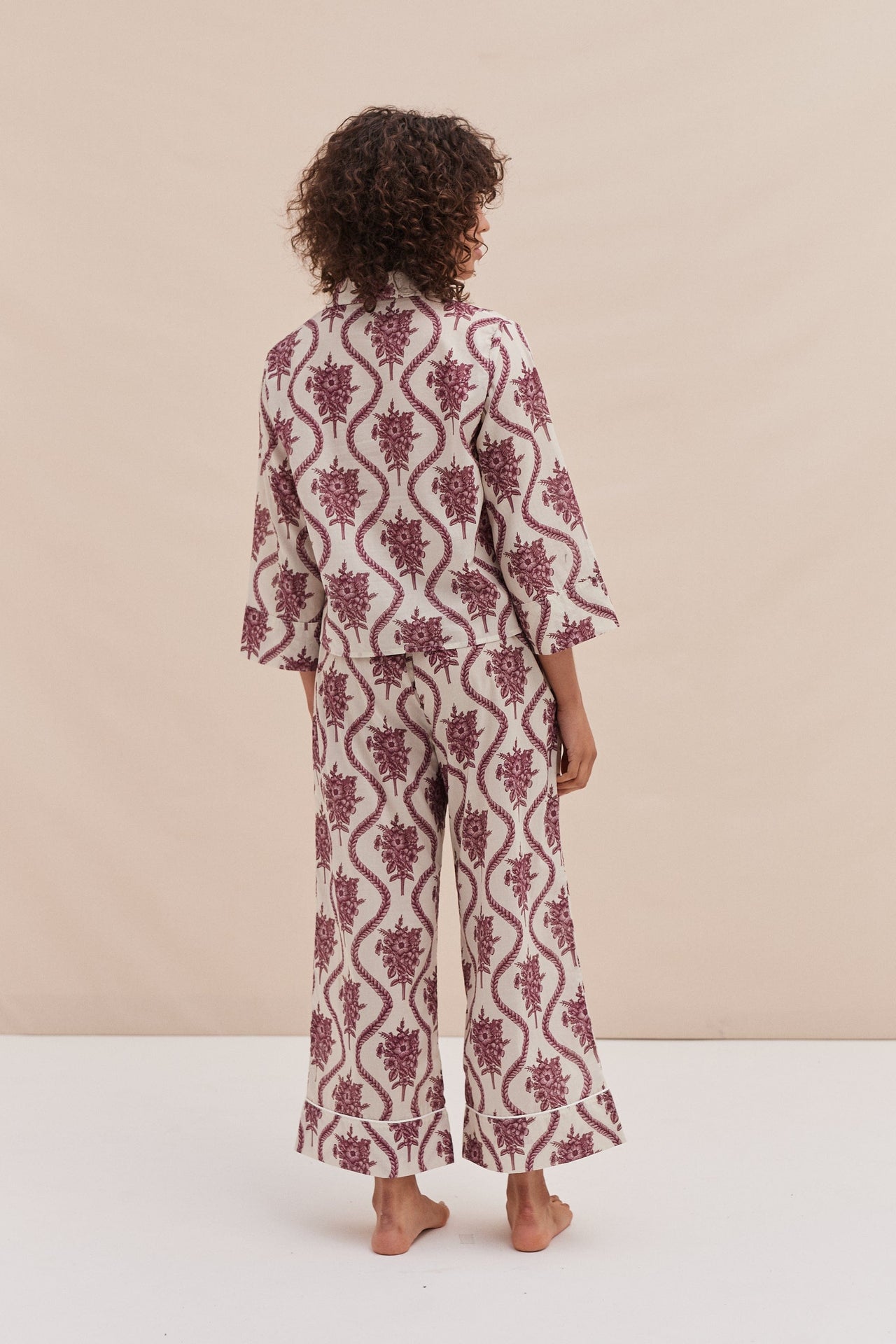 Boxy Shirt and Wide Leg Trouser Set Alpen Flora Print Cream and Pink