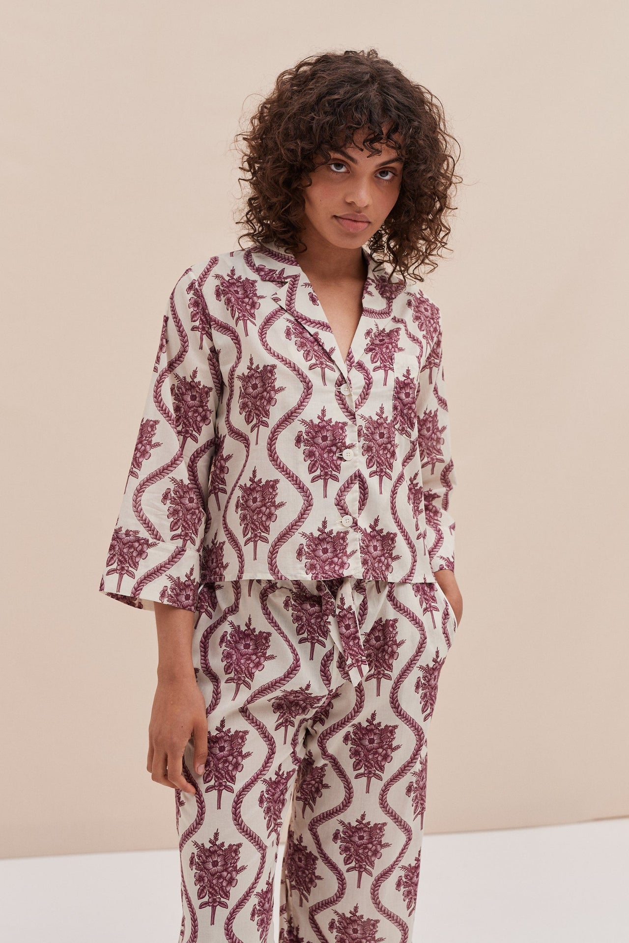 Boxy Shirt and Wide Leg Trouser Set Alpen Flora Print Cream and Pink