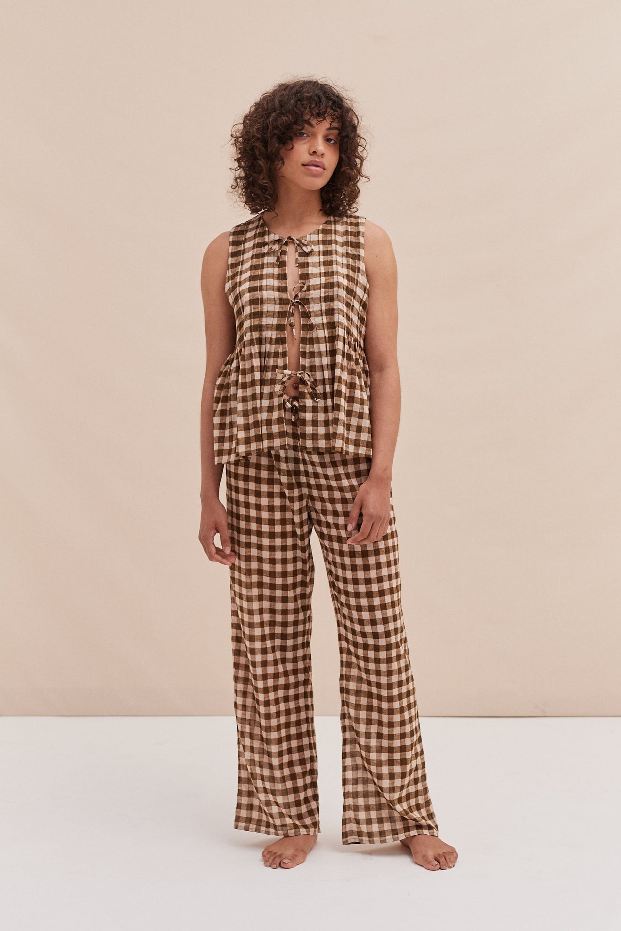 Pleated Cami Lounge Set Gingham Brown and Cream