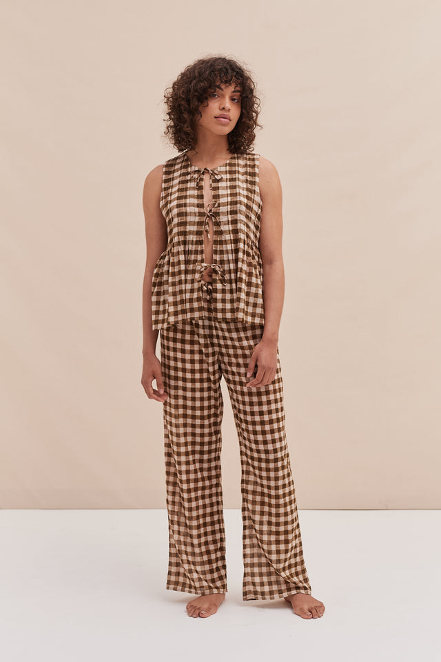 Pleated Cami Lounge Set Gingham Brown and Cream