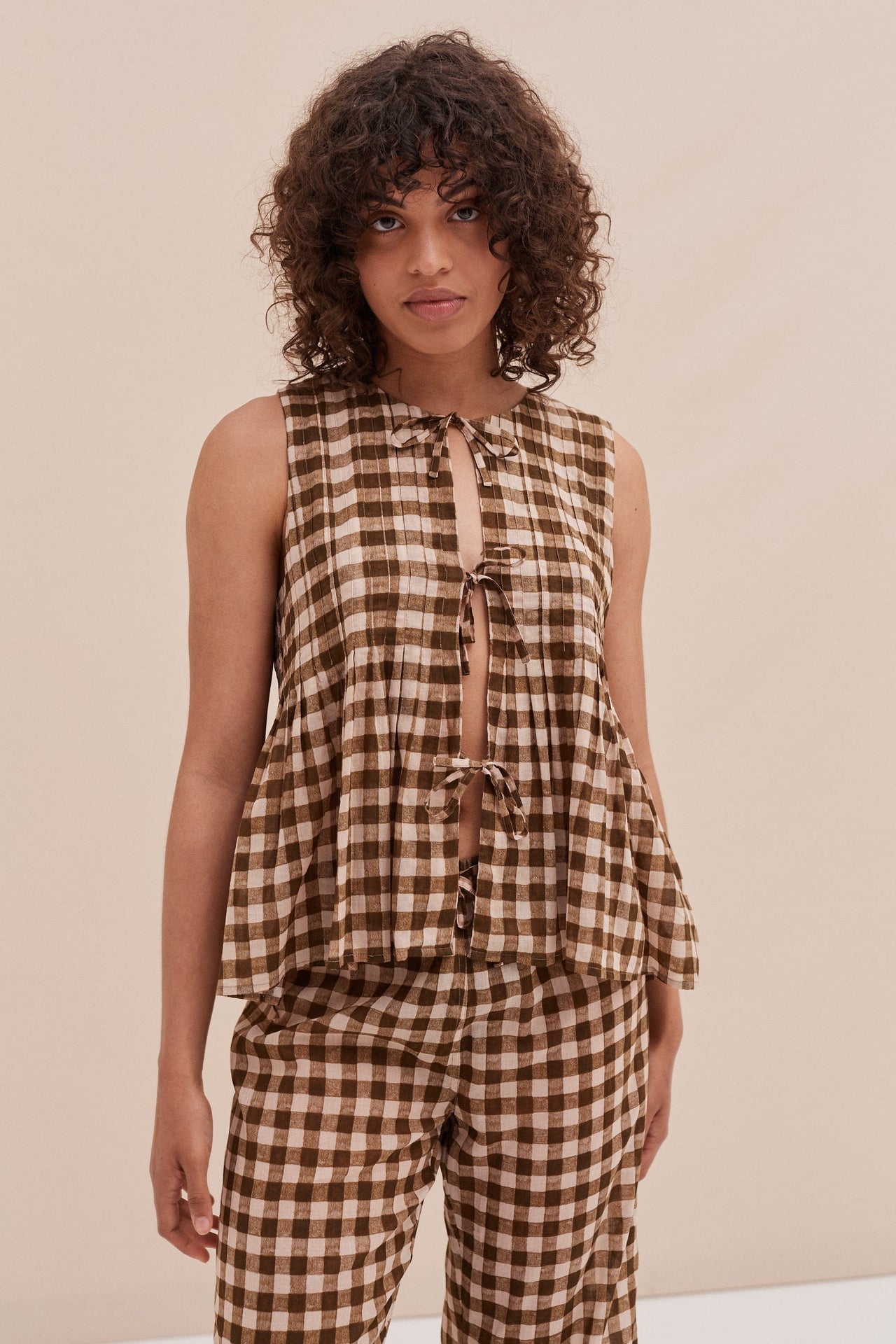 Pleated Cami Lounge Set Gingham Brown and Cream