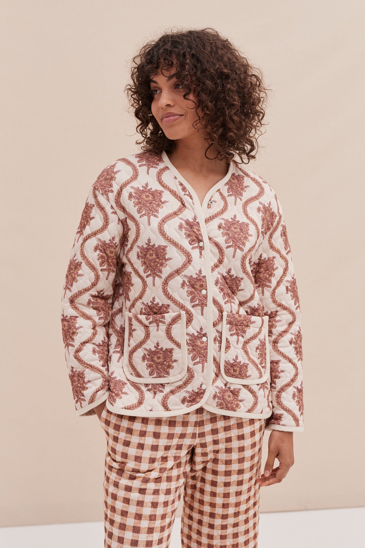 Quilted Set in Alpen Flora Print Cream and Brown