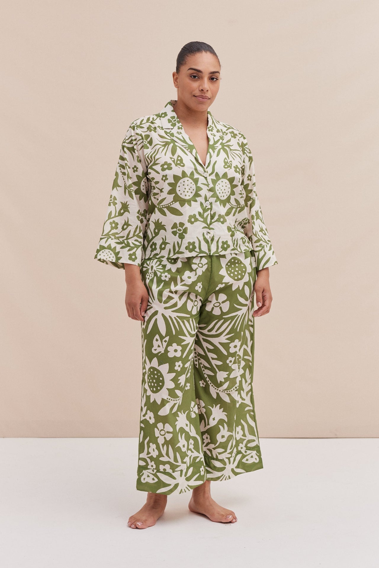 Boxy Shirt and Wide Leg Trouser Set Fabelei Print Green and Cream