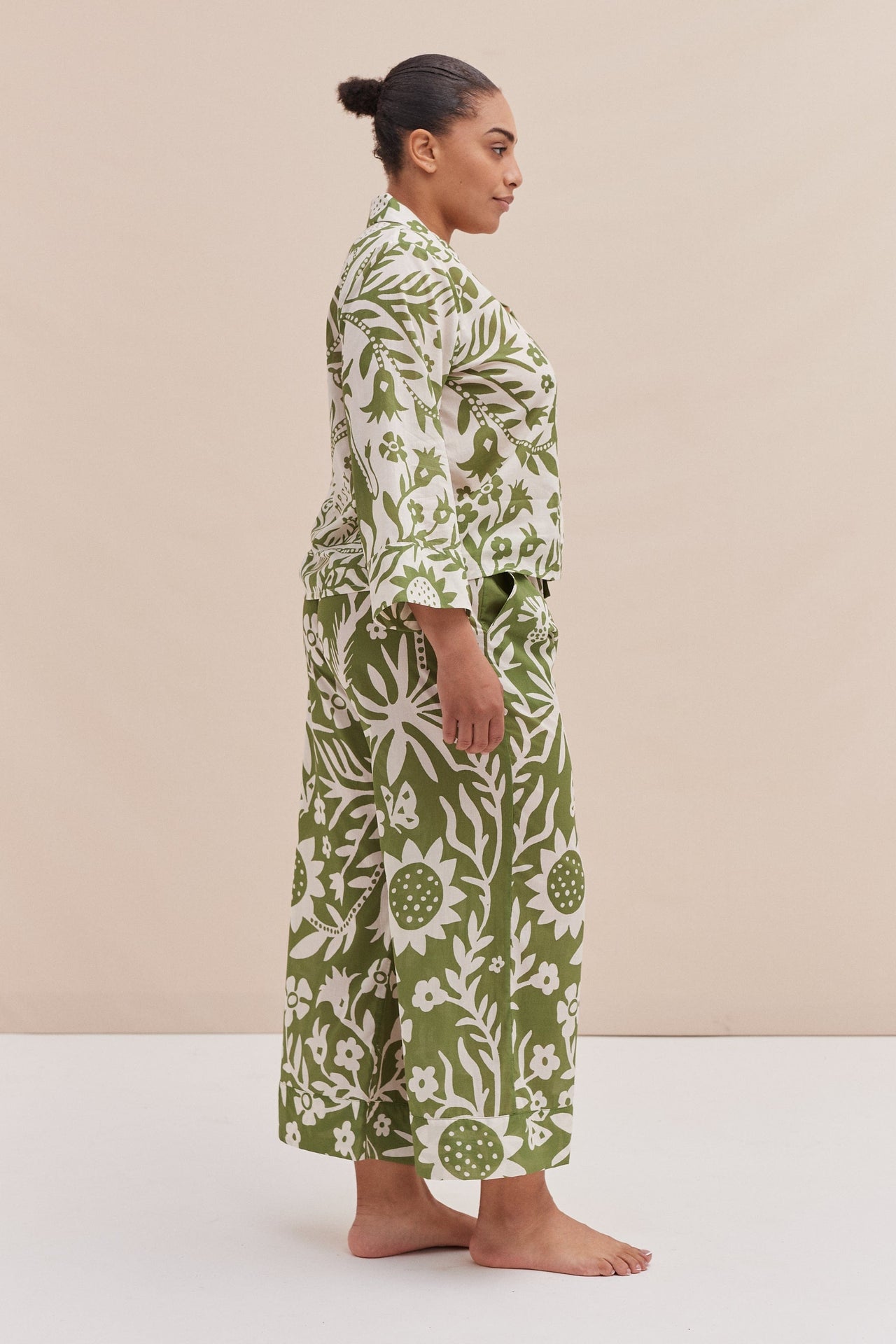 Boxy Shirt and Wide Leg Trouser Set Fabelei Print Green and Cream