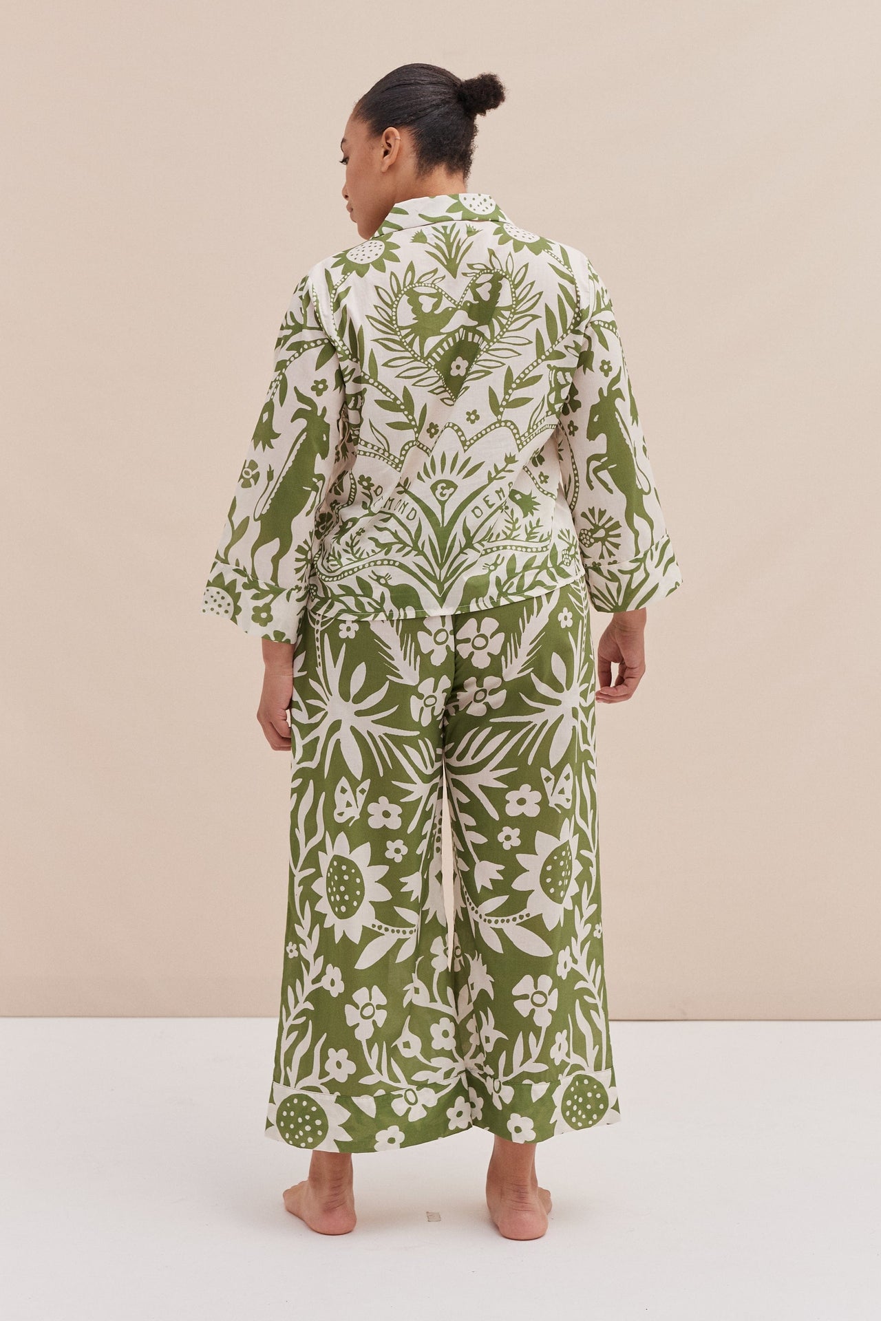 Boxy Shirt and Wide Leg Trouser Set Fabelei Print Green and Cream