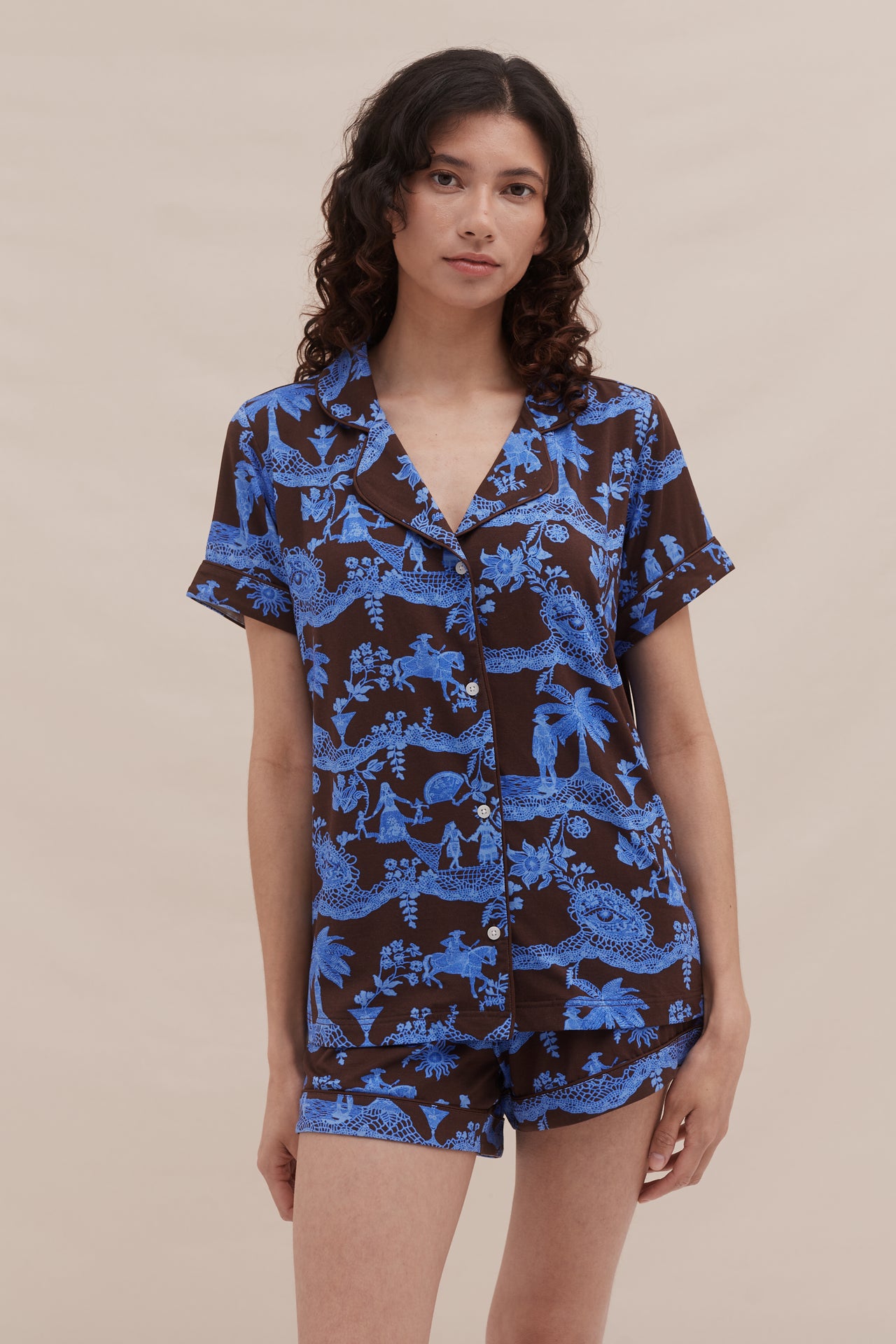 Lyocell Jersey Short Pyjama Set Lace Espresso/Ice Blue