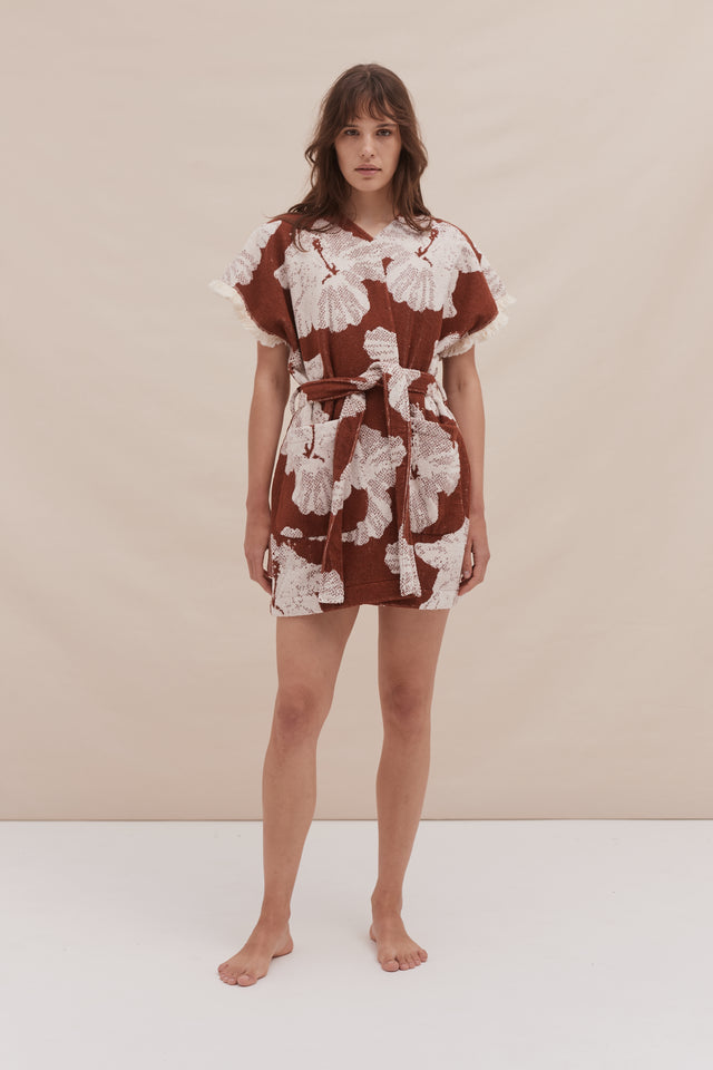 Short Towel Robe Grand Hibiscus Print Brown