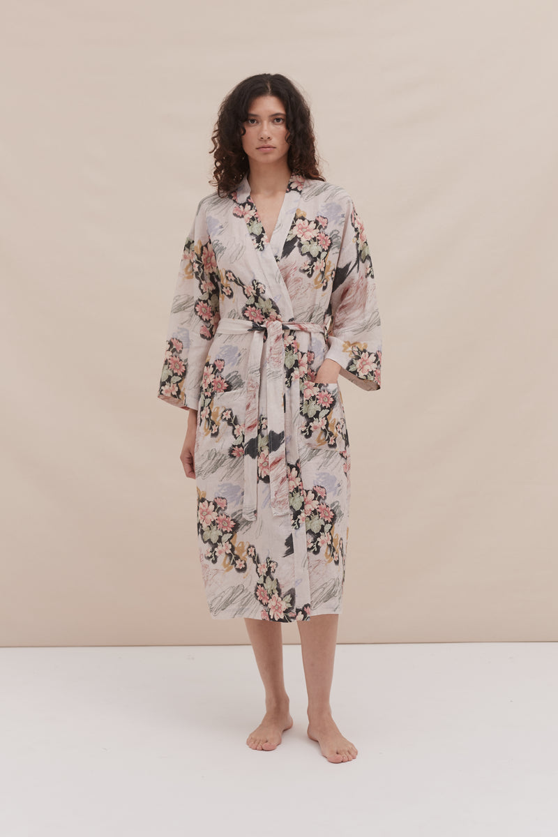 Wrap Robe Love Print Chalk Linen