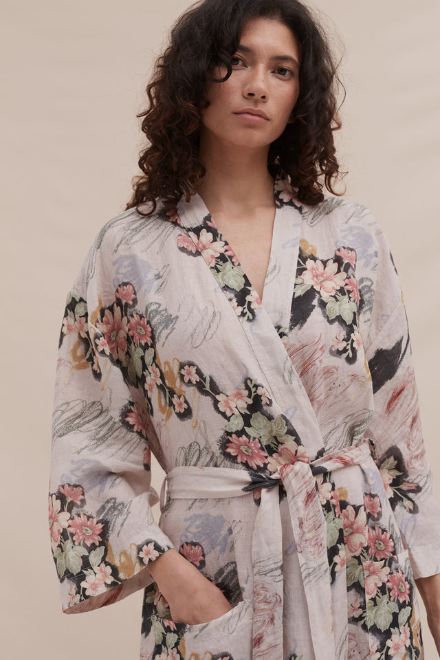 Wrap Robe Love Print Chalk Linen