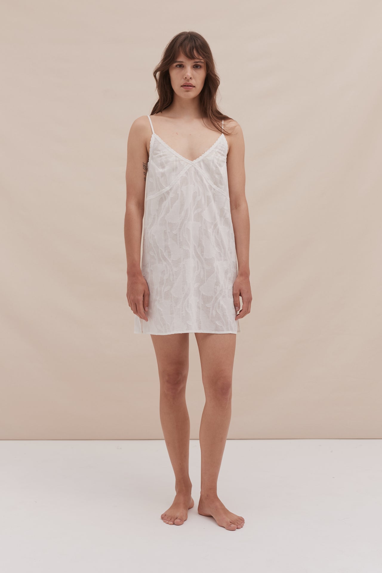 Short Slip Nightie Floral Jacquard White