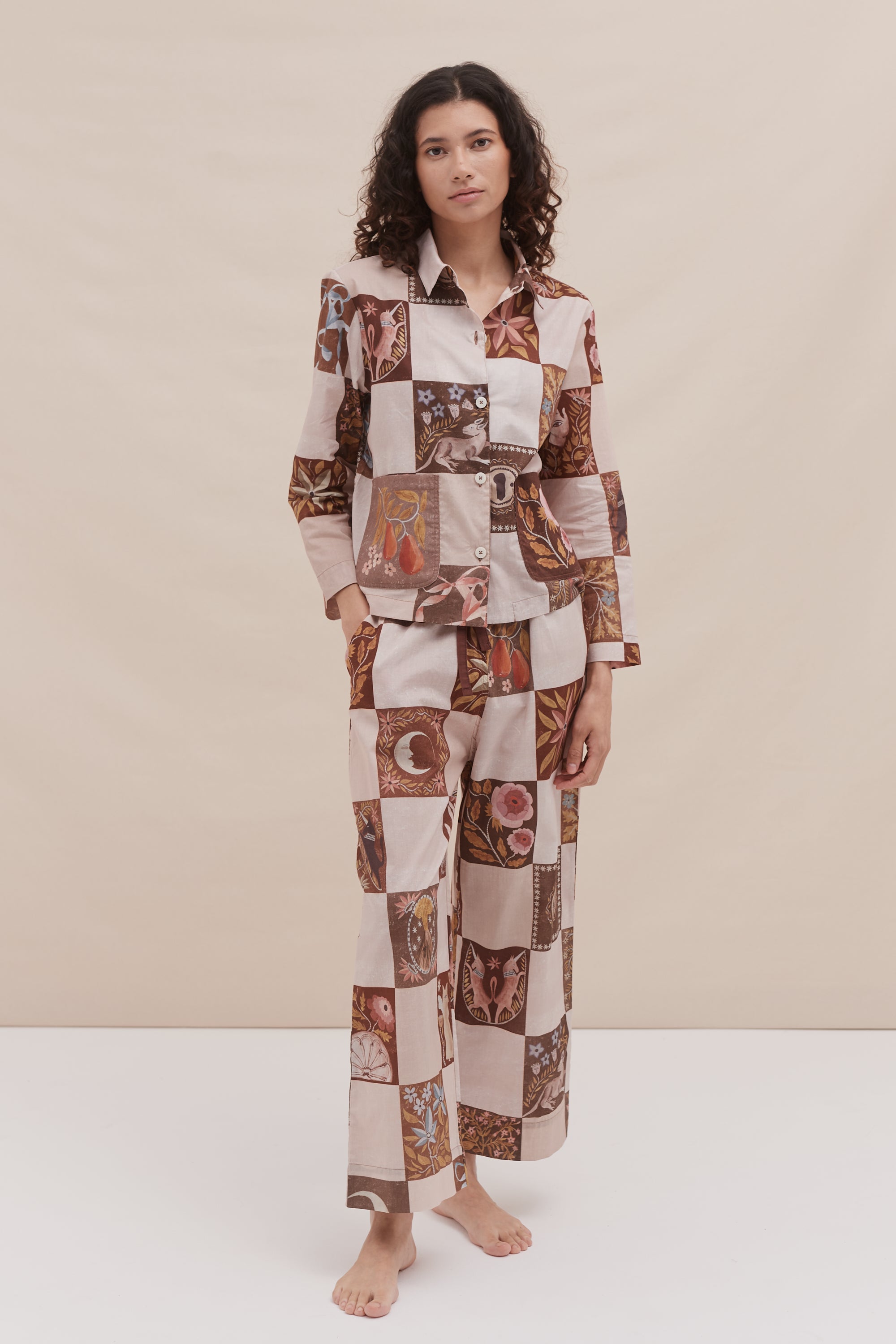 Pocket Pyjama Set Idle Hands Check Mocha Pink