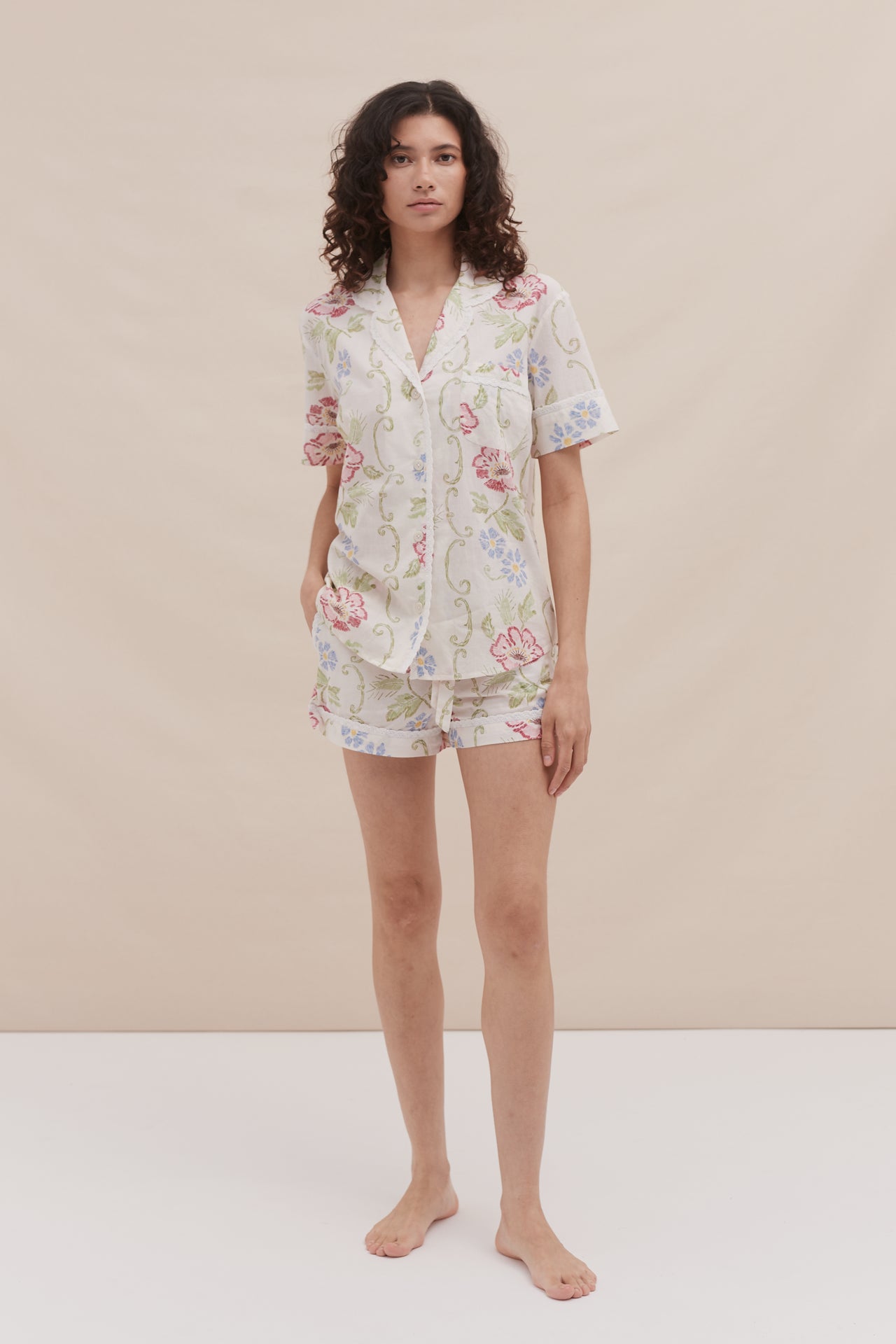 Short Pyjama Set Dorothea Print Cream with Trims