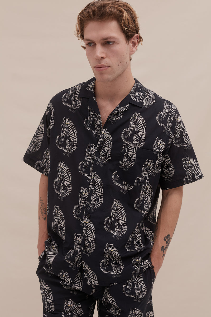 Men’s Cuban Pyjama Shirt Sansindo Tiger Print Black/Cream