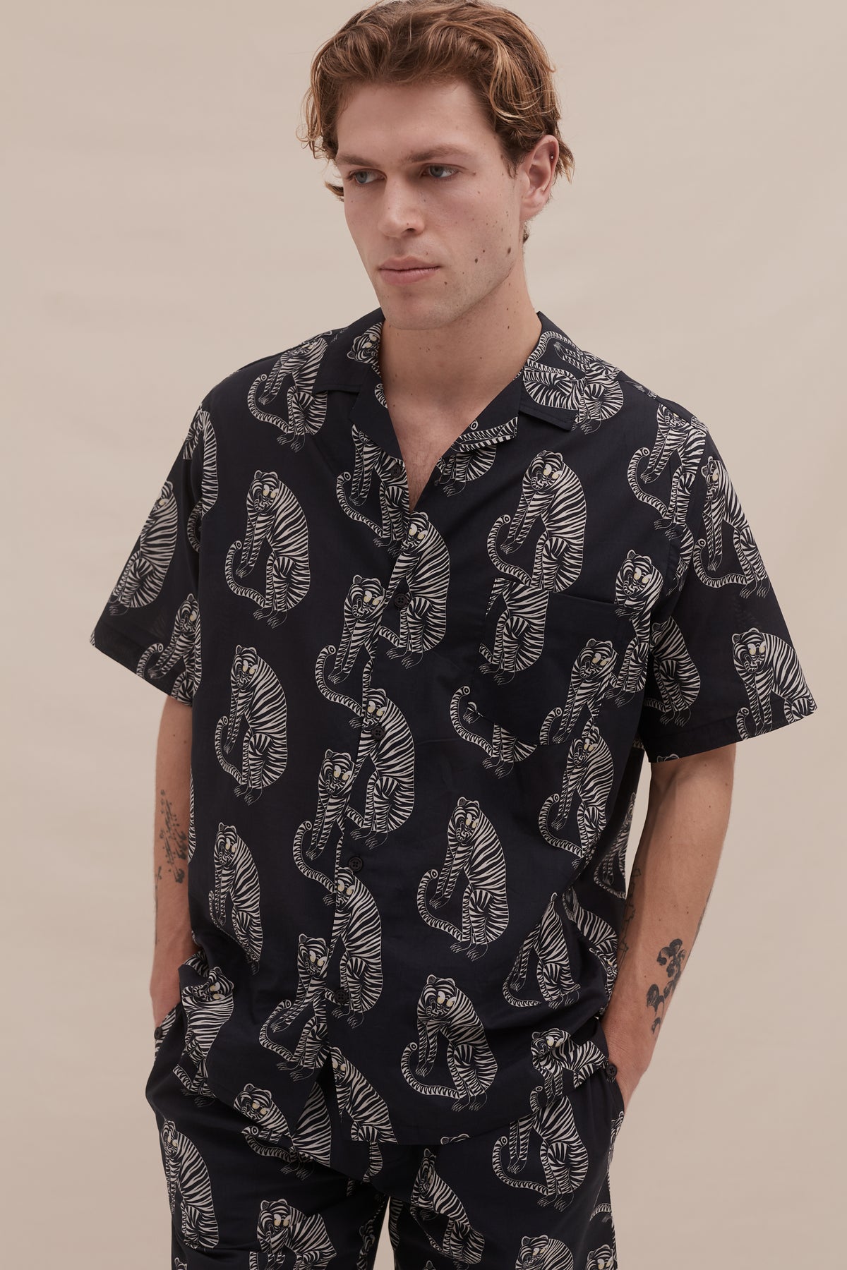 Men’s Cuban Pyjama Set Tiger Print Black/Cream