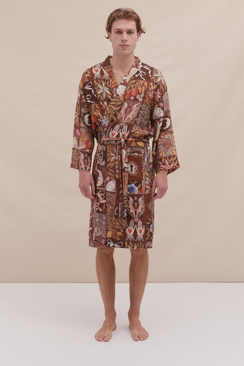 Men's Wrap Robe Idle Hands Mocha Linen