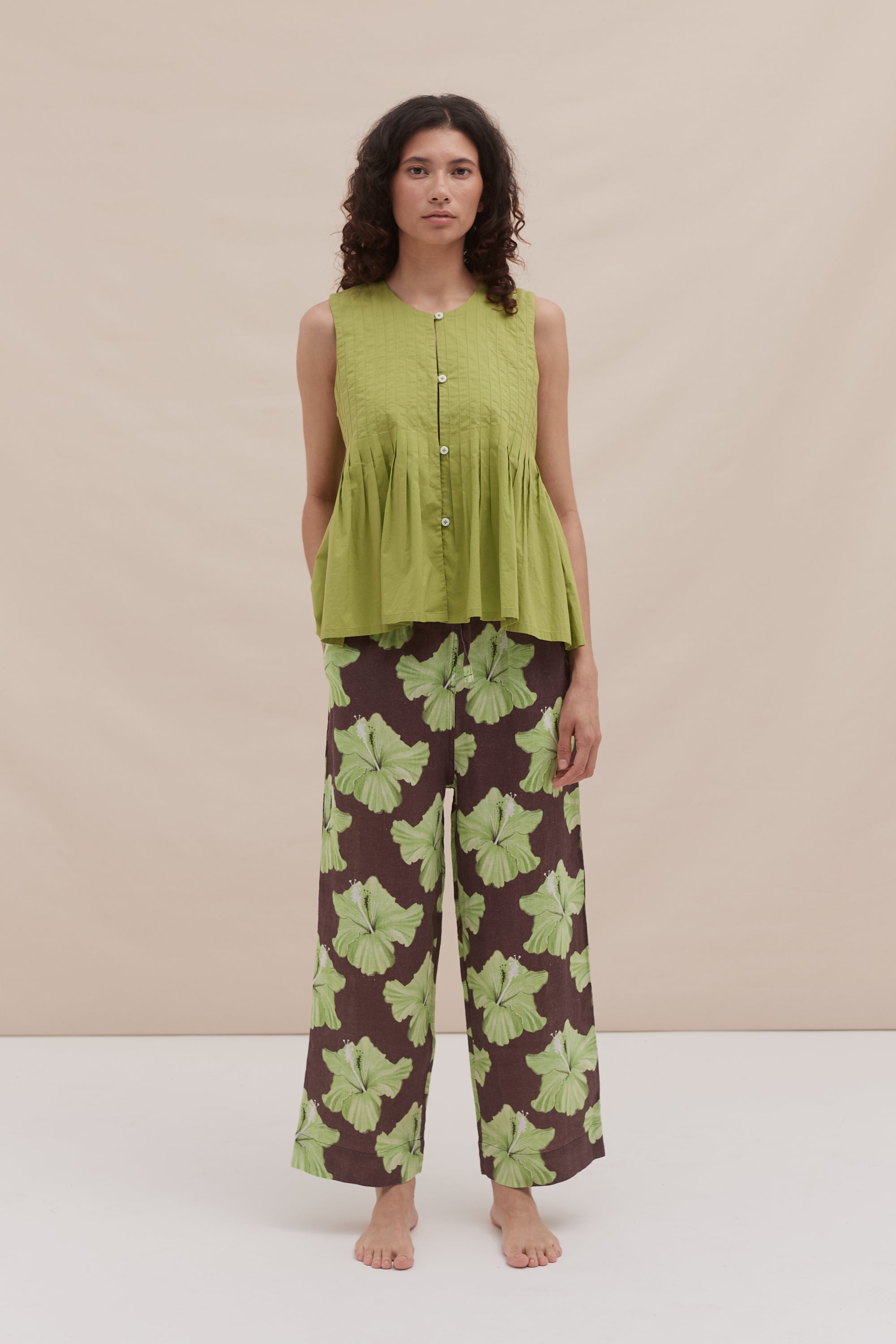 Pleated Cami Pocket Trousers Set Plain Grand Hibiscus Print Cocoa Lime