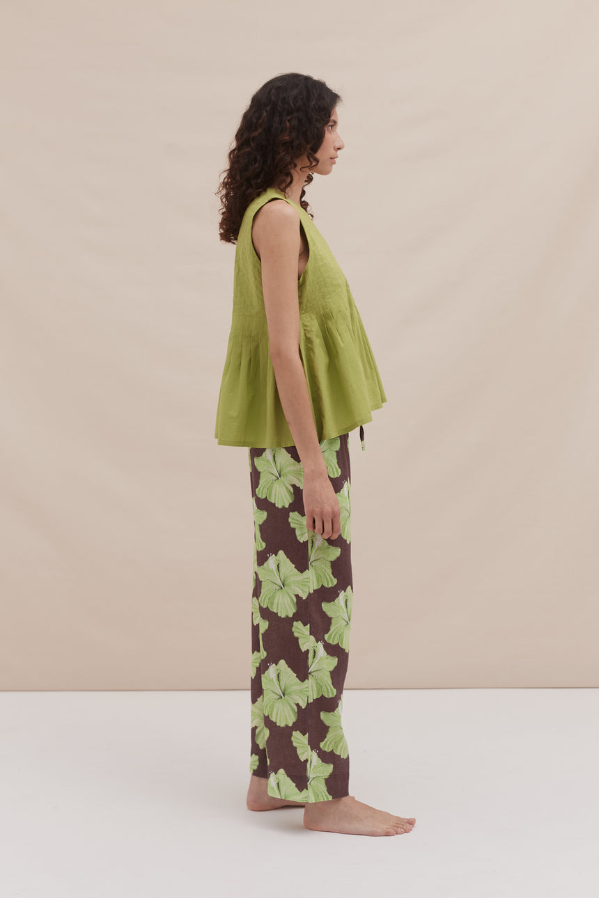 Pleated Cami and Pocket Trousers Set Plain/Grand Hibiscus Print Cocoa/Lime
