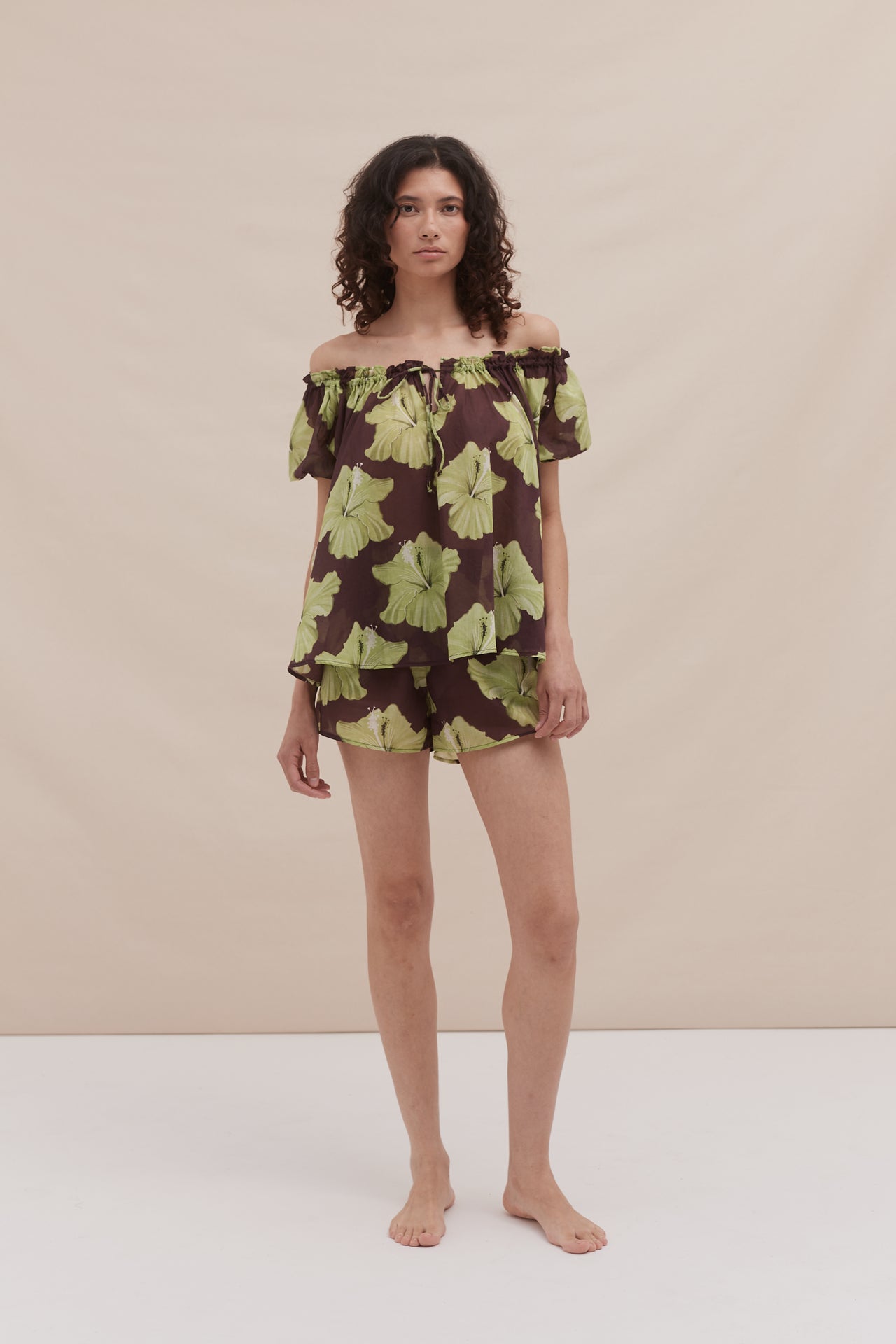 Idyllic Shirt and Easy Short Set Grand Hibiscus Print Cocoa/Lime