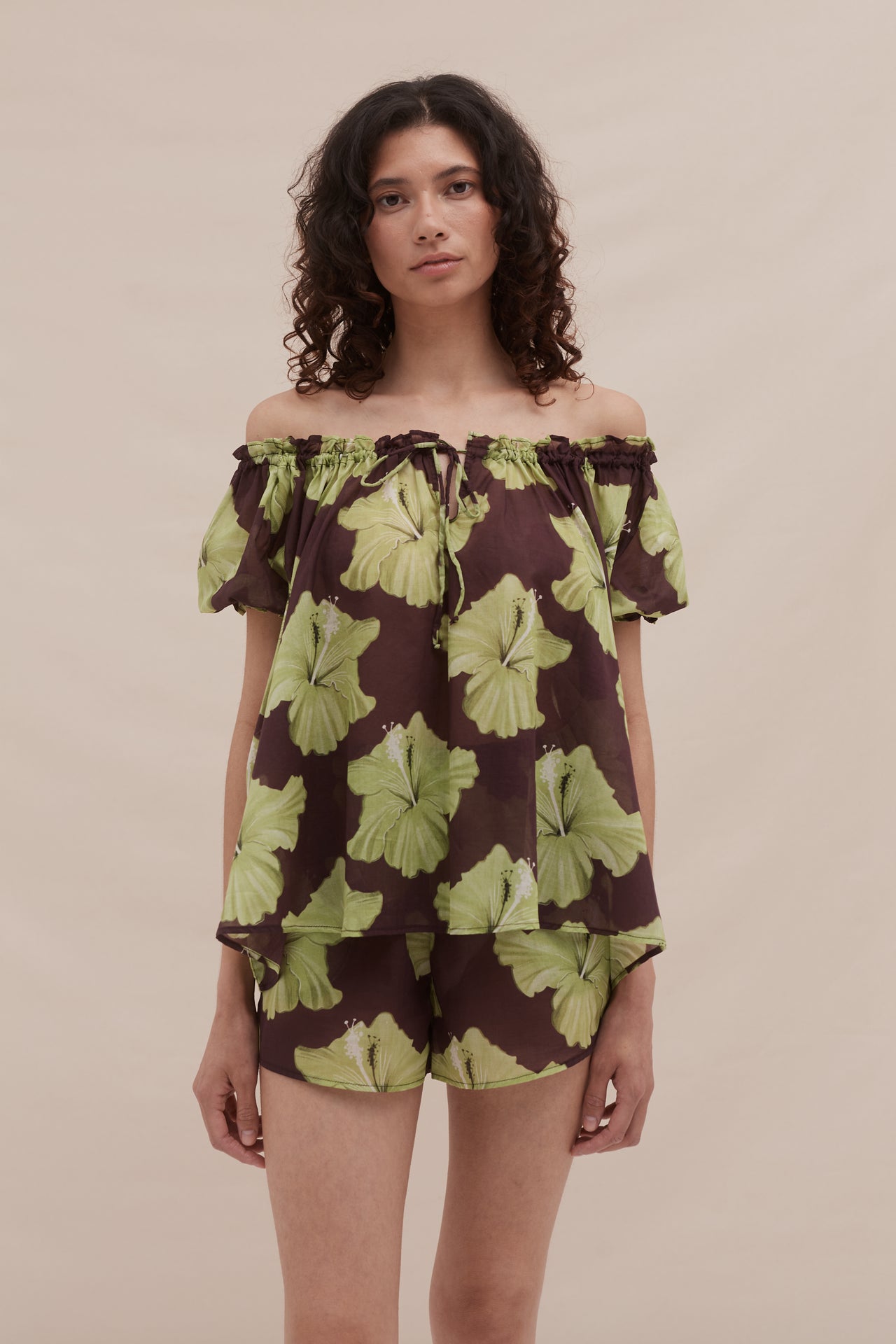 Idyllic Shirt and Easy Short Set Grand Hibiscus Print Cocoa/Lime