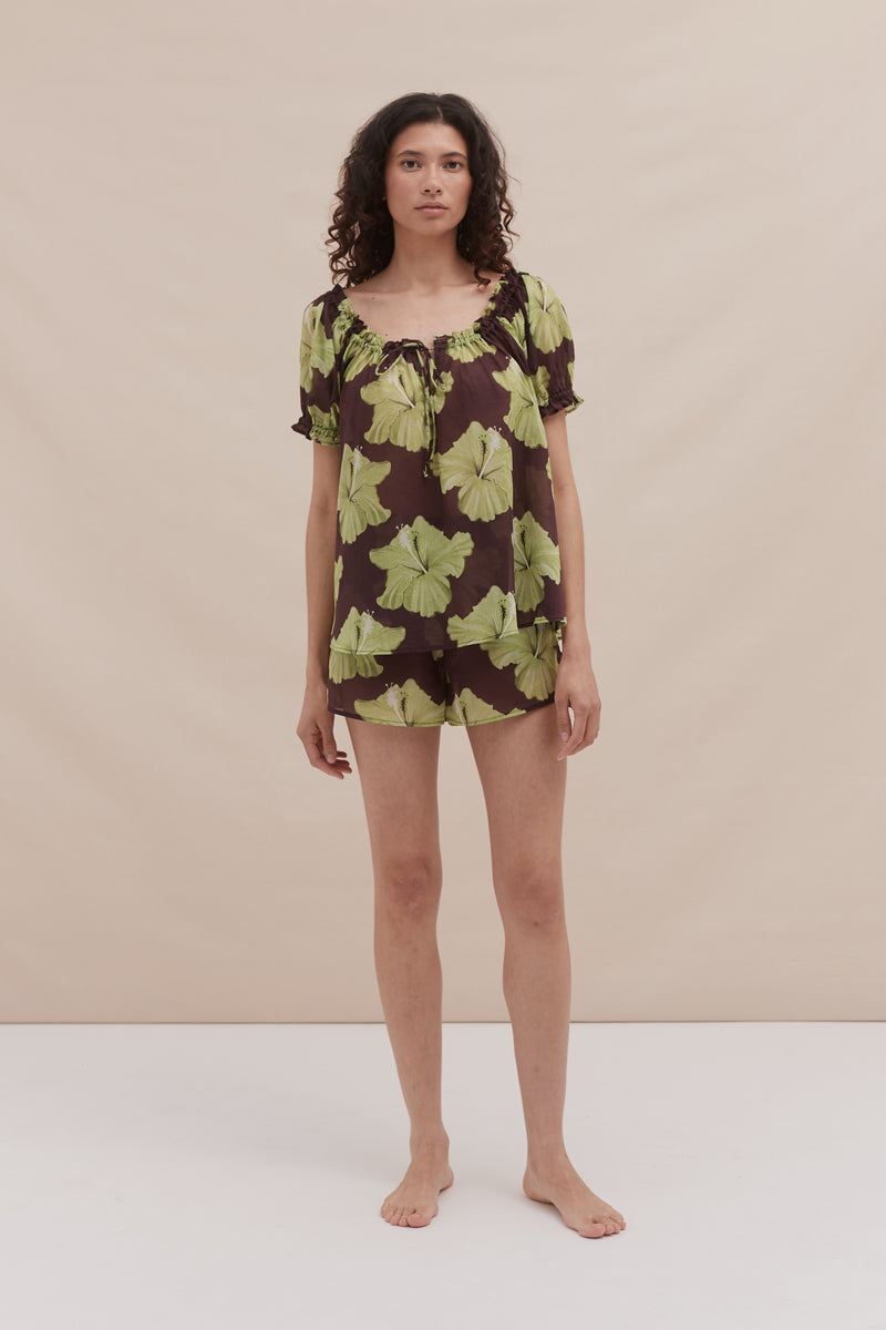 Light & Easy Short Set Grand Hibiscus Print Cocoa/Lime