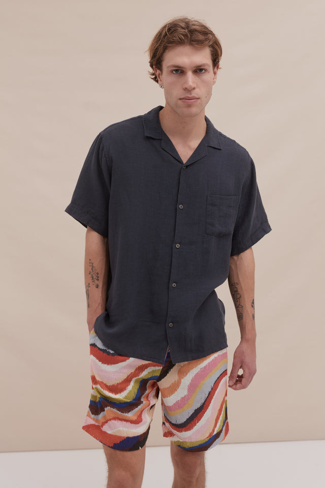 Men’s Cuban Pyjama Shirt Petrol Linen
