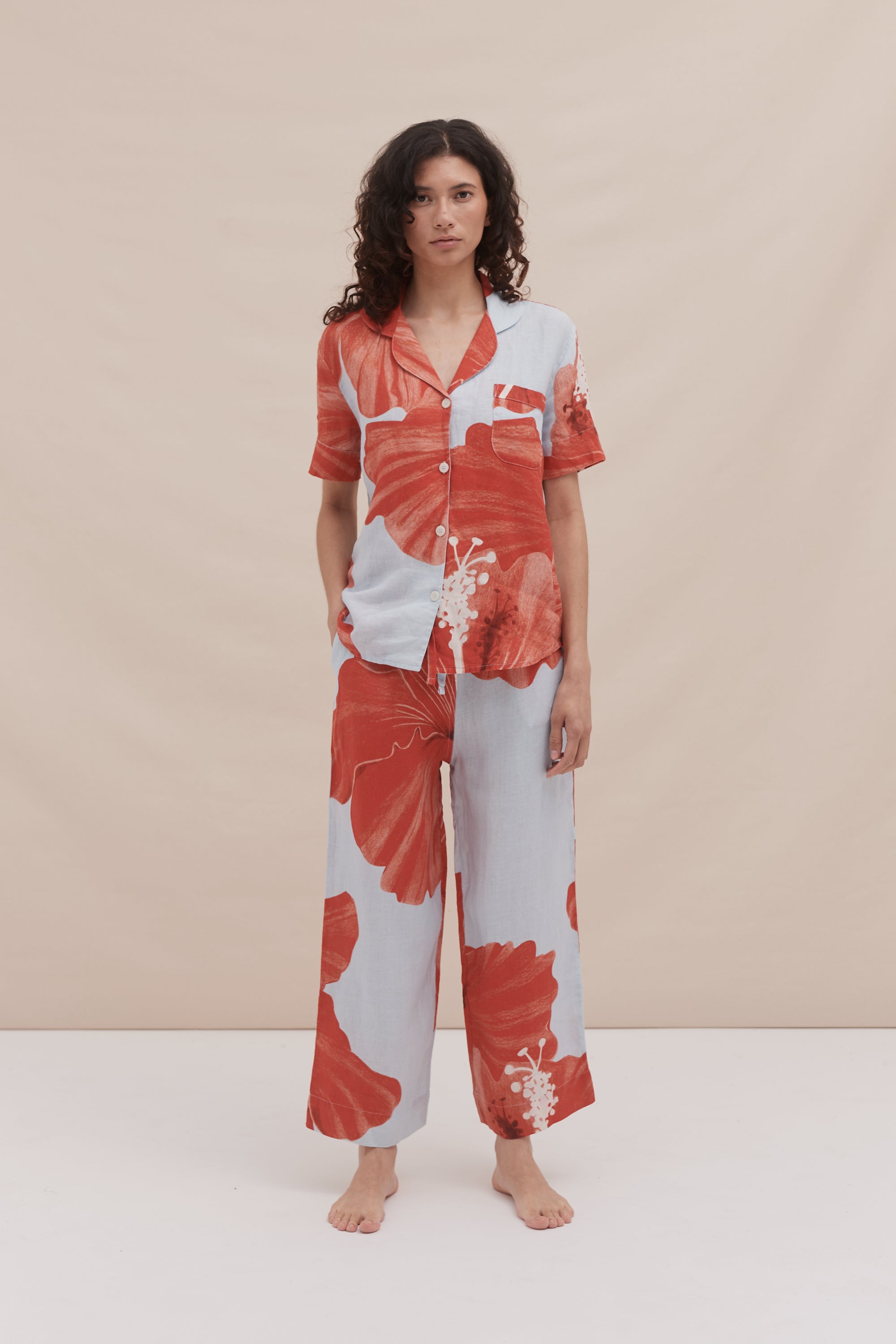 Short Sleeve Shirt & Pocket Trouser Set Grand Hibiscus Print Blue Red Linen